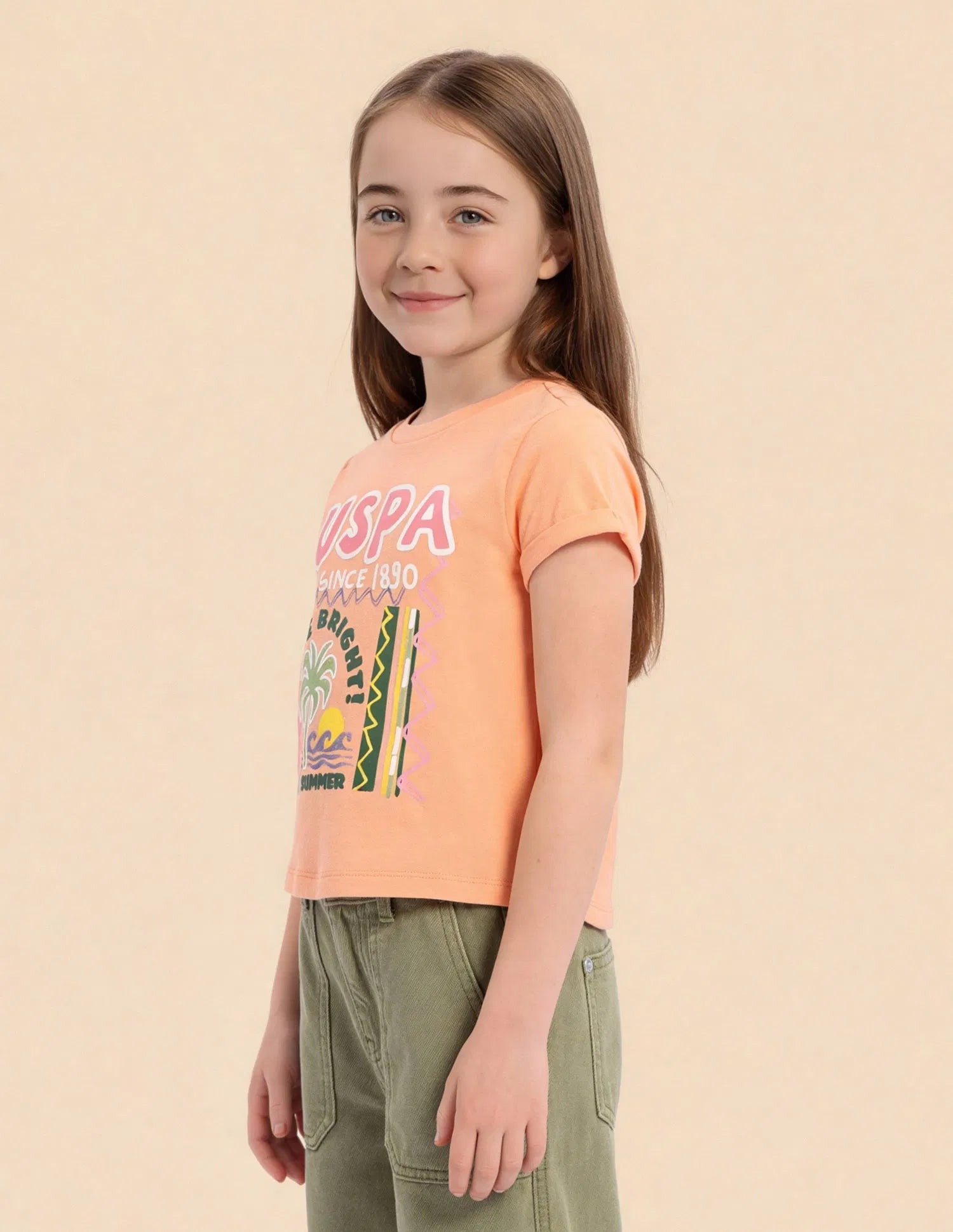Girls Orange Cotton Graphic Brand Printed Top