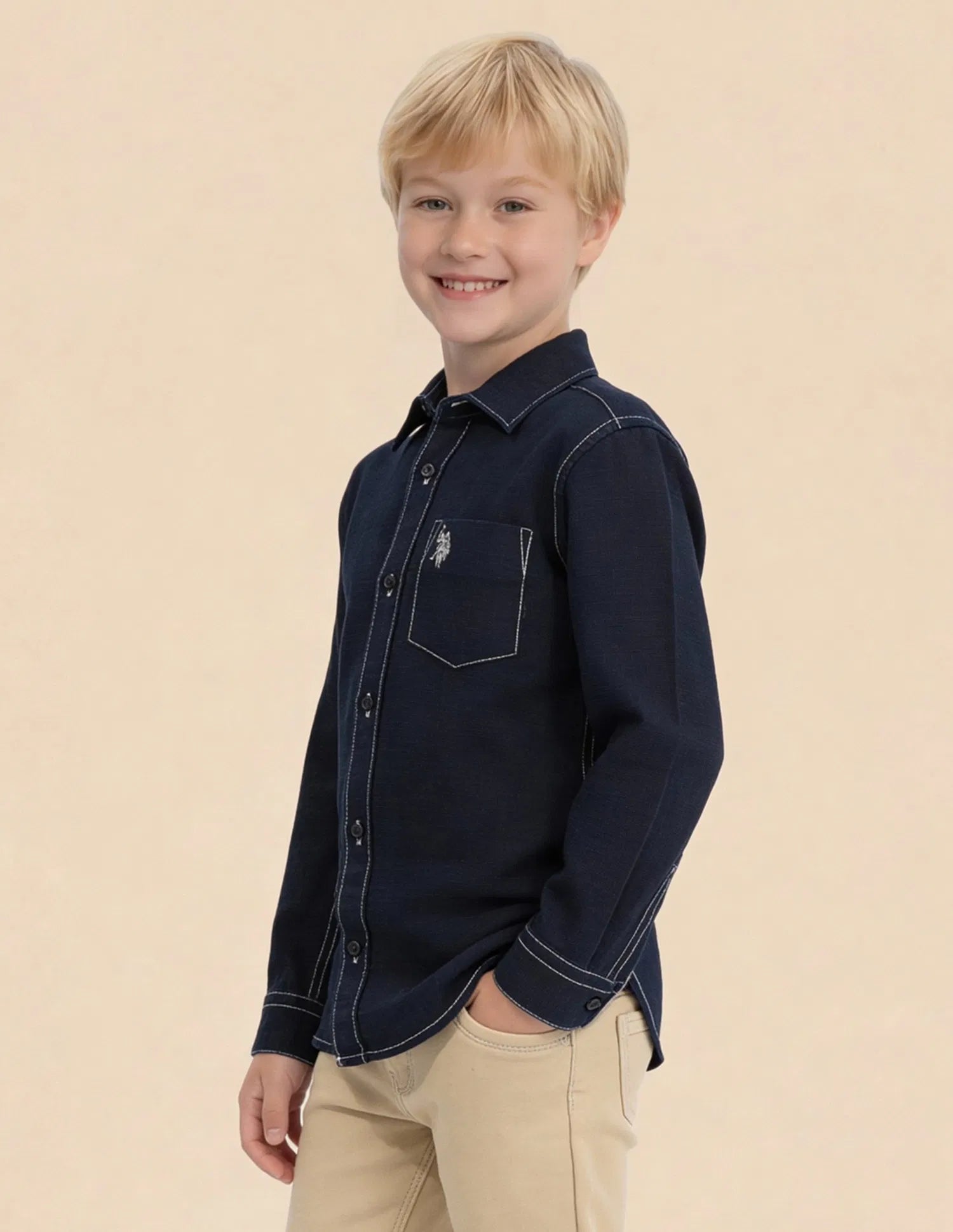 Boys Indigo Cotton Solid Dobby Shirt Regular Fit