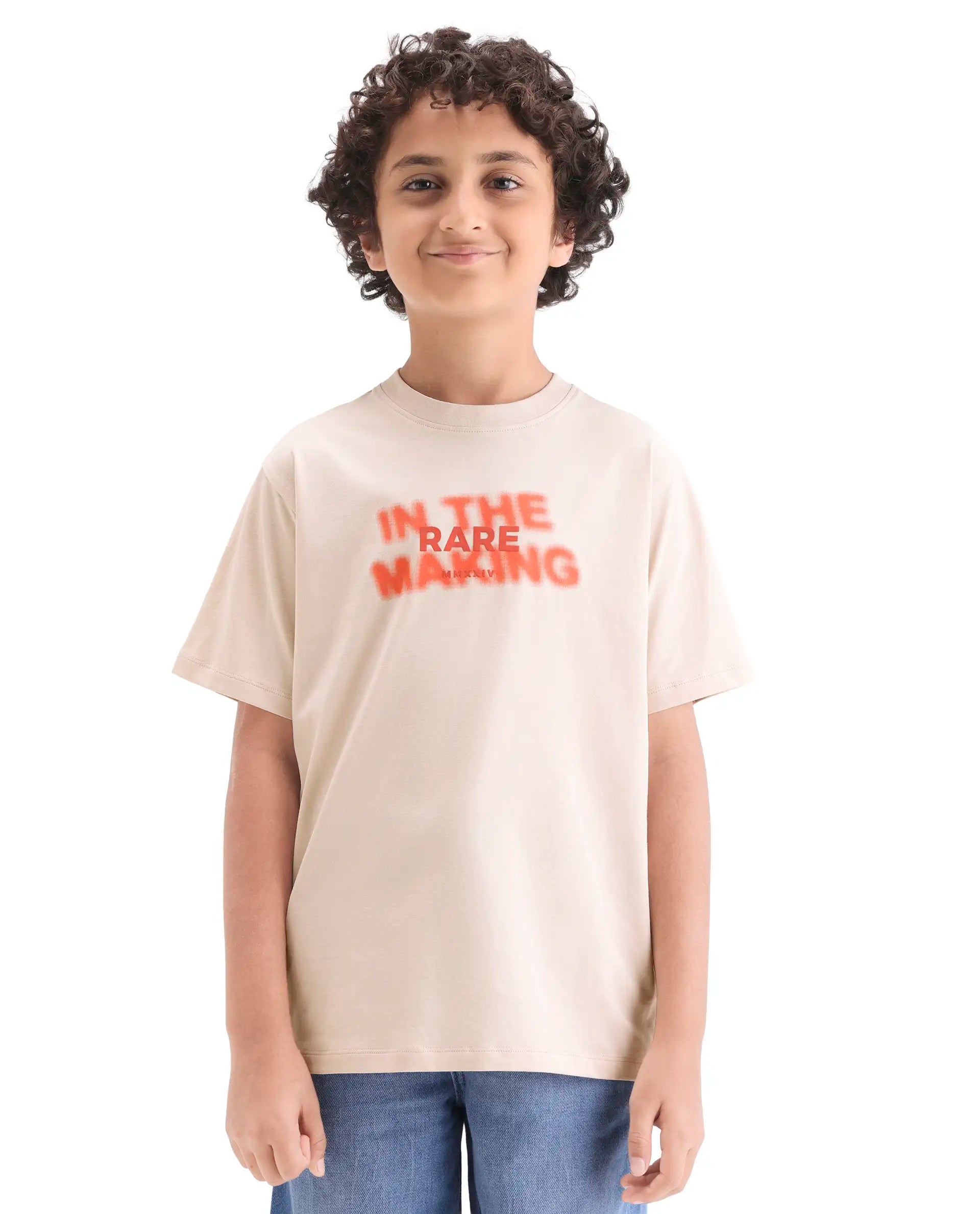 Boys Light Beige HD Print Regular Fit T-Shirt