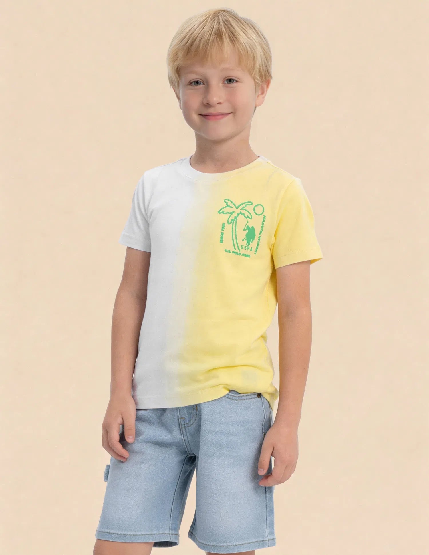 Boys Yellow Cotton Ombre Graphic Regular Fit T-Shirt