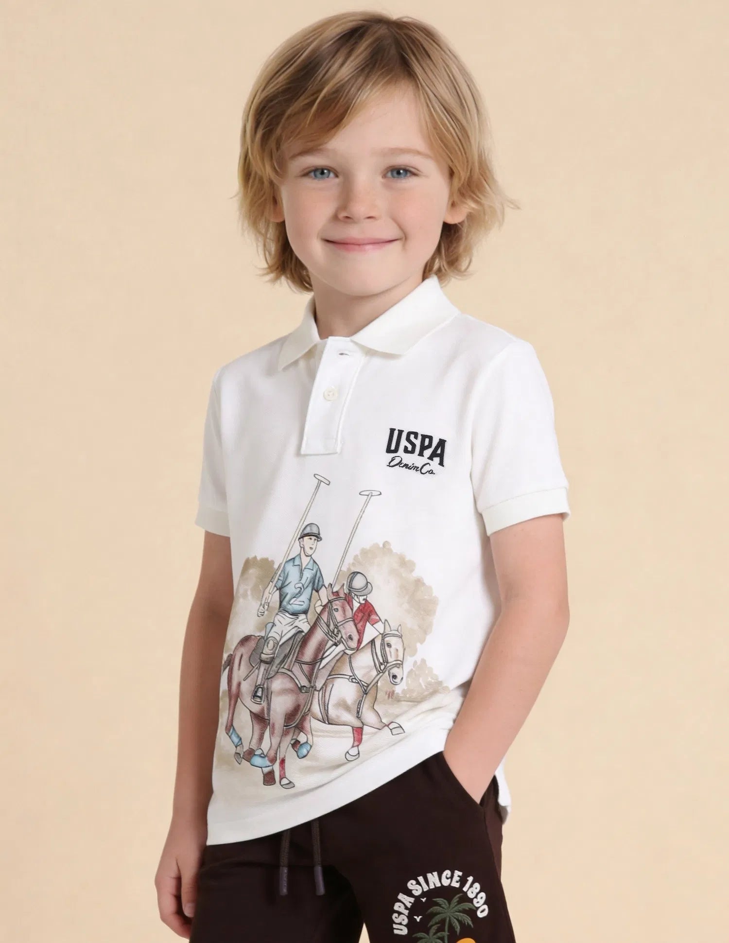 Boys Off White Cotton Graphic Print Regular Fit Polo Shirt