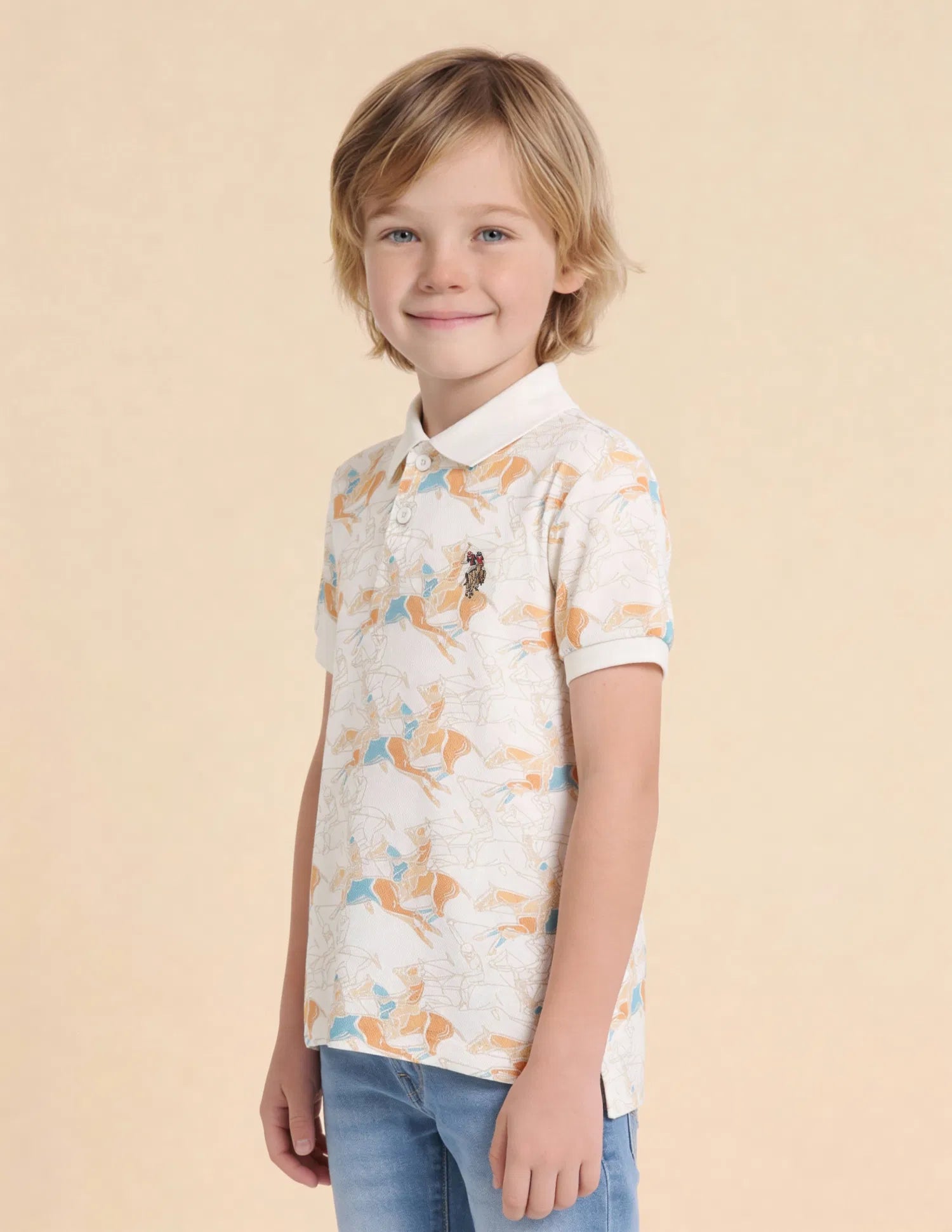 Boys Off White Cotton Graphic Print Regular Fit Polo Shirt