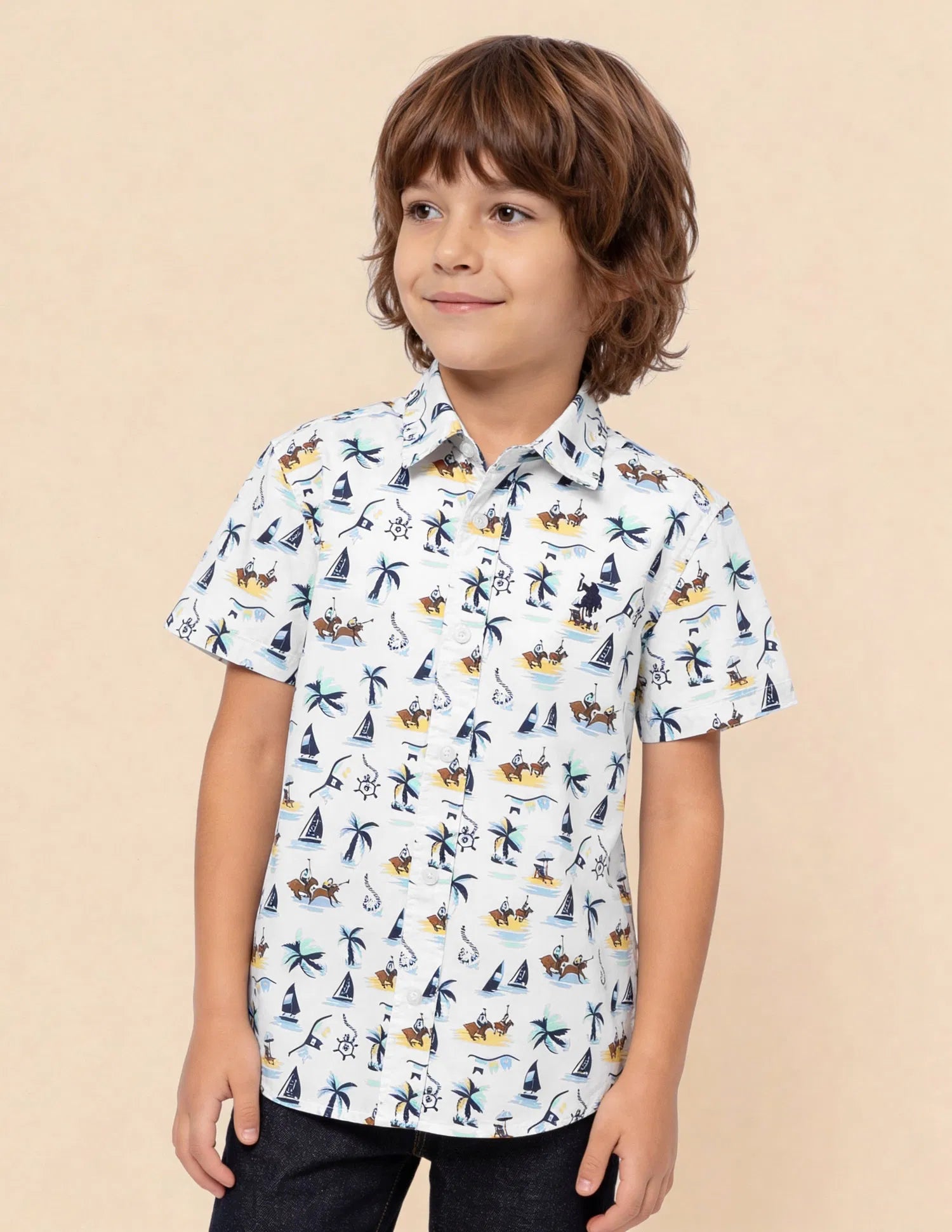 Boys Blue Graphic Printed Cotton Shirt – Regular Fit