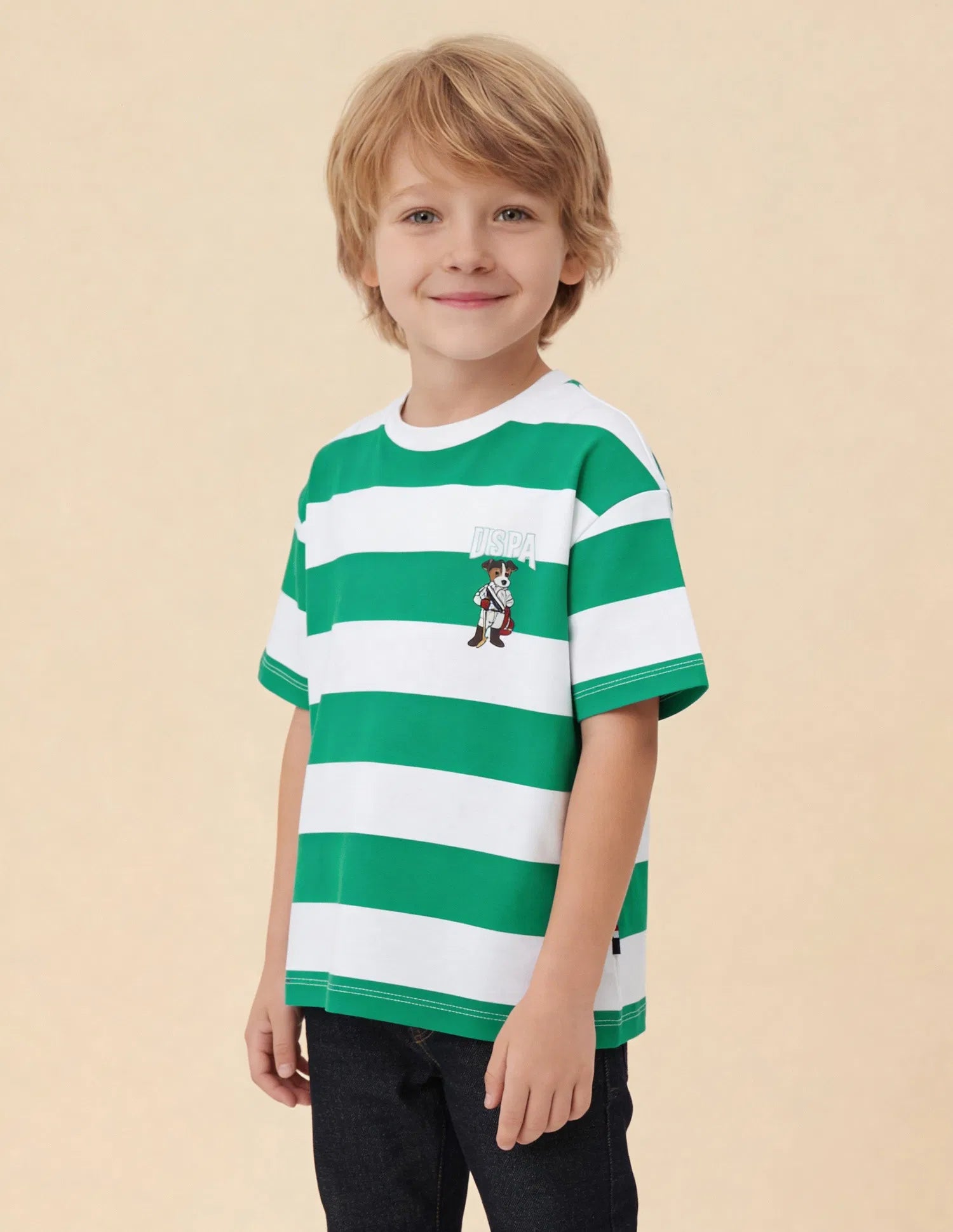 Boys Green Horizontal Striped Cotton T-Shirt – Oversized Fit