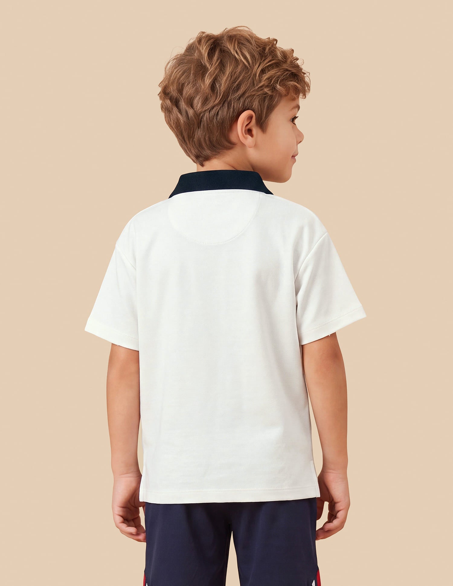 Boys Off White Oversized Solid Cotton Blend Polo Shirt