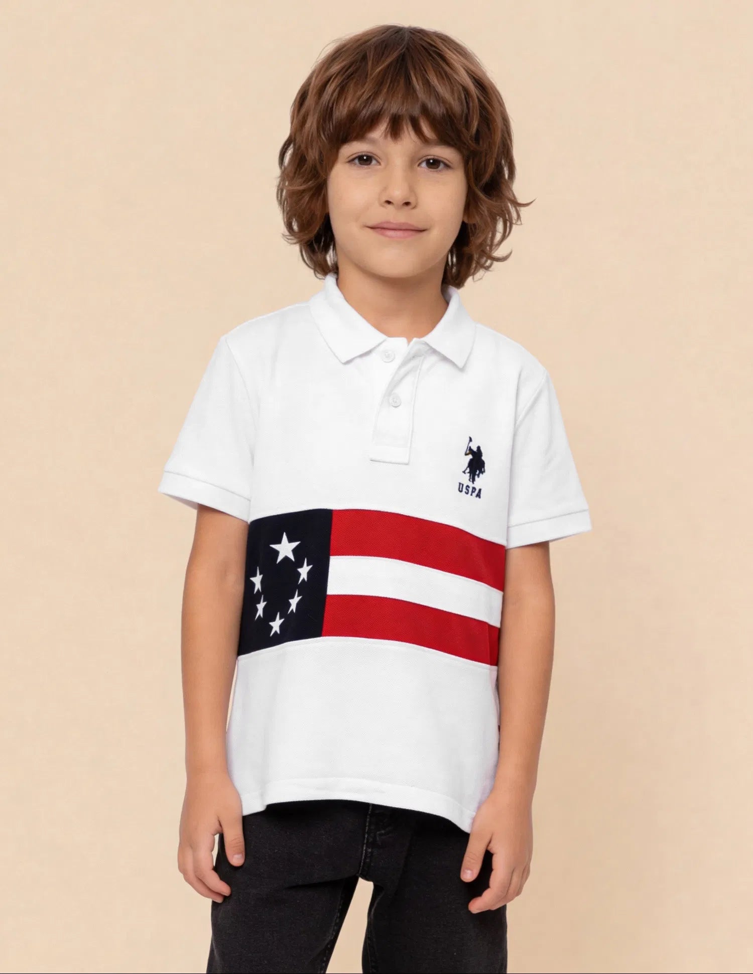 Boys White Cotton Graphic Print Regular Fit Polo Shirt