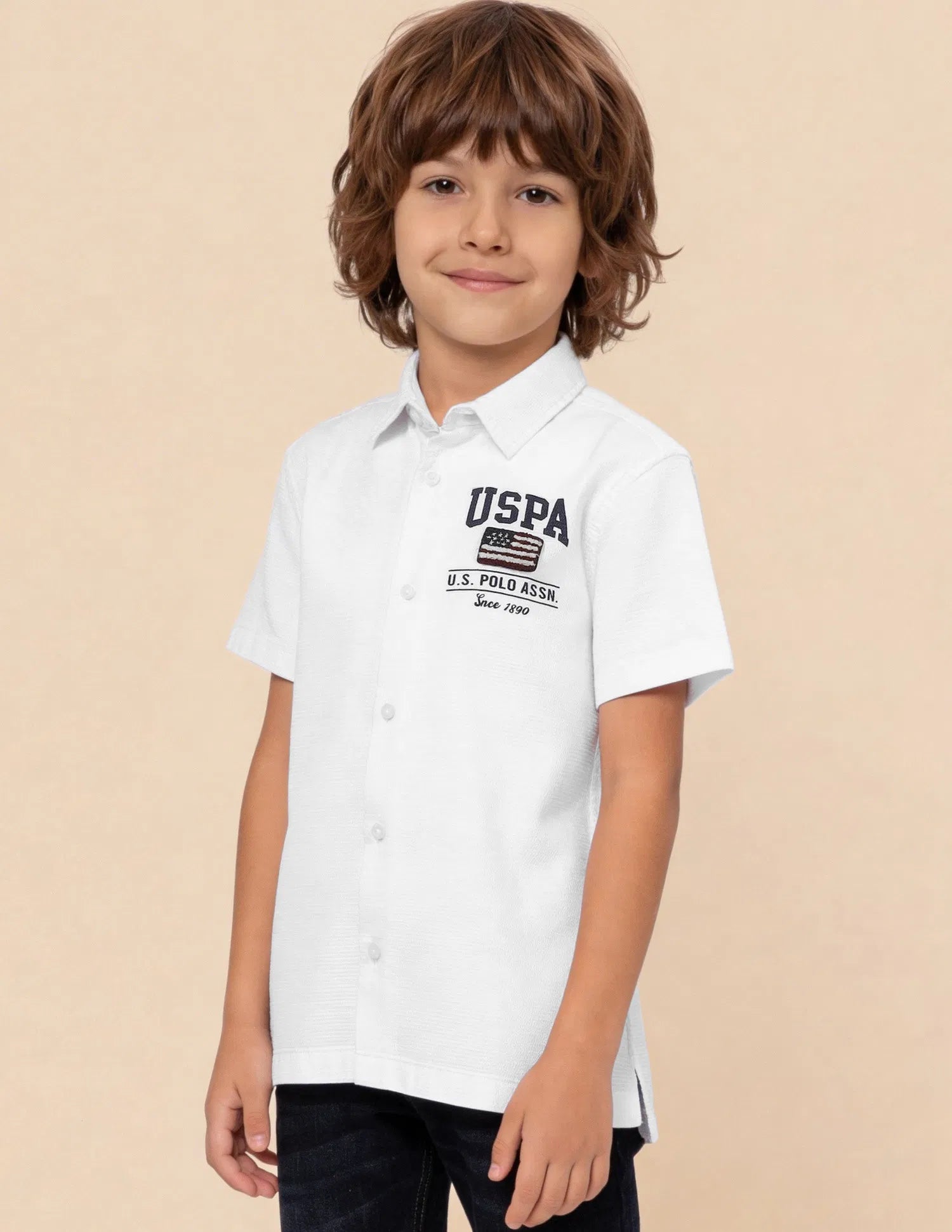 Boys White Logo Appliqued Cotton Textured Shirt – Regular Fit