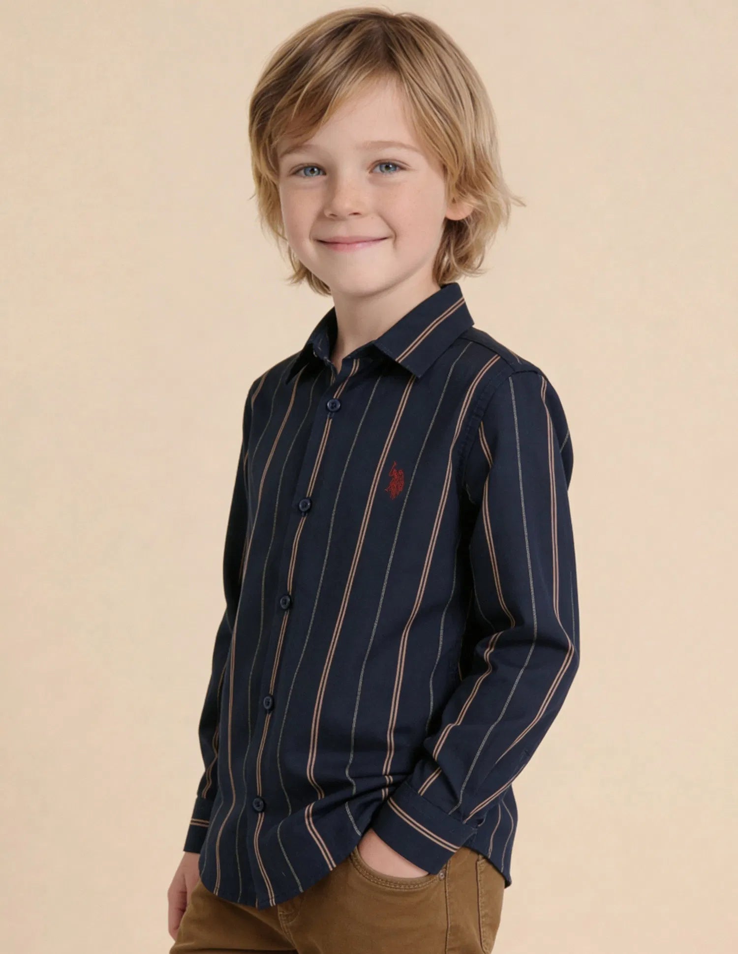 Boys Navy Vertical Striped Cotton Shirt – Regular Fit