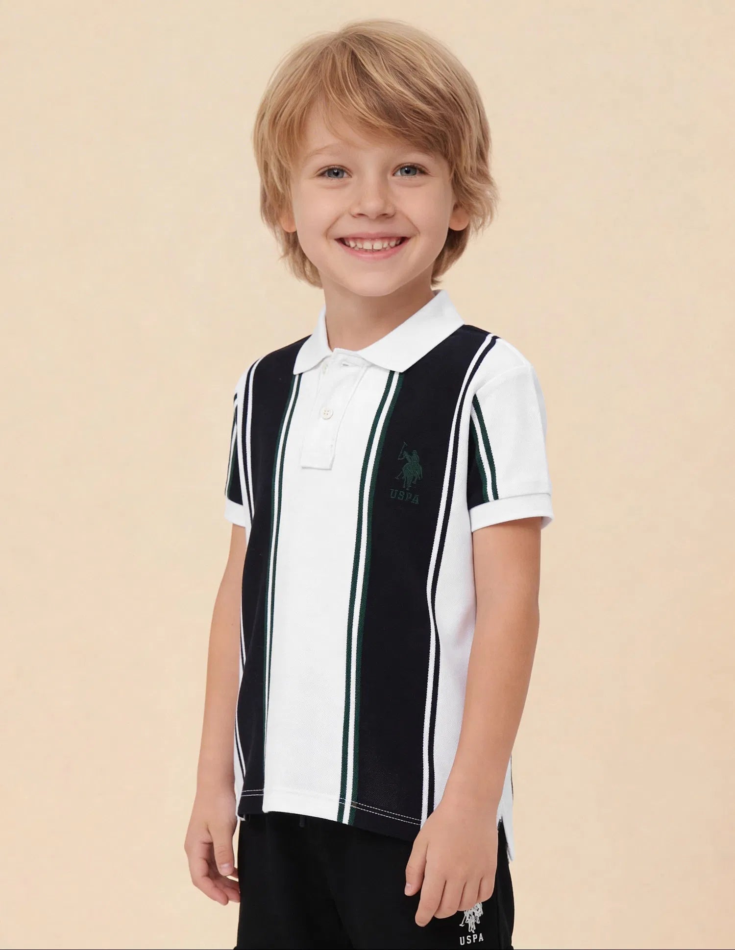 Boys White Cotton Vertical Striped Regular Fit Polo Shirt