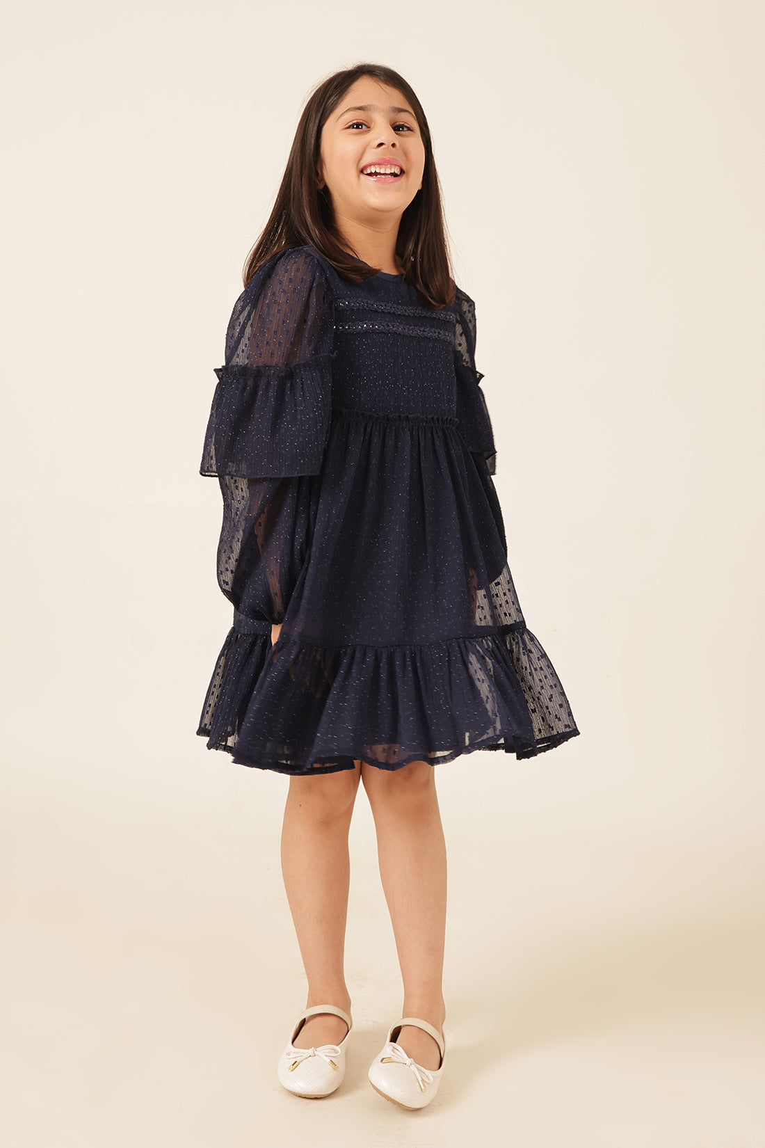Girls Navy Blue Swiss Dot Formal Dress