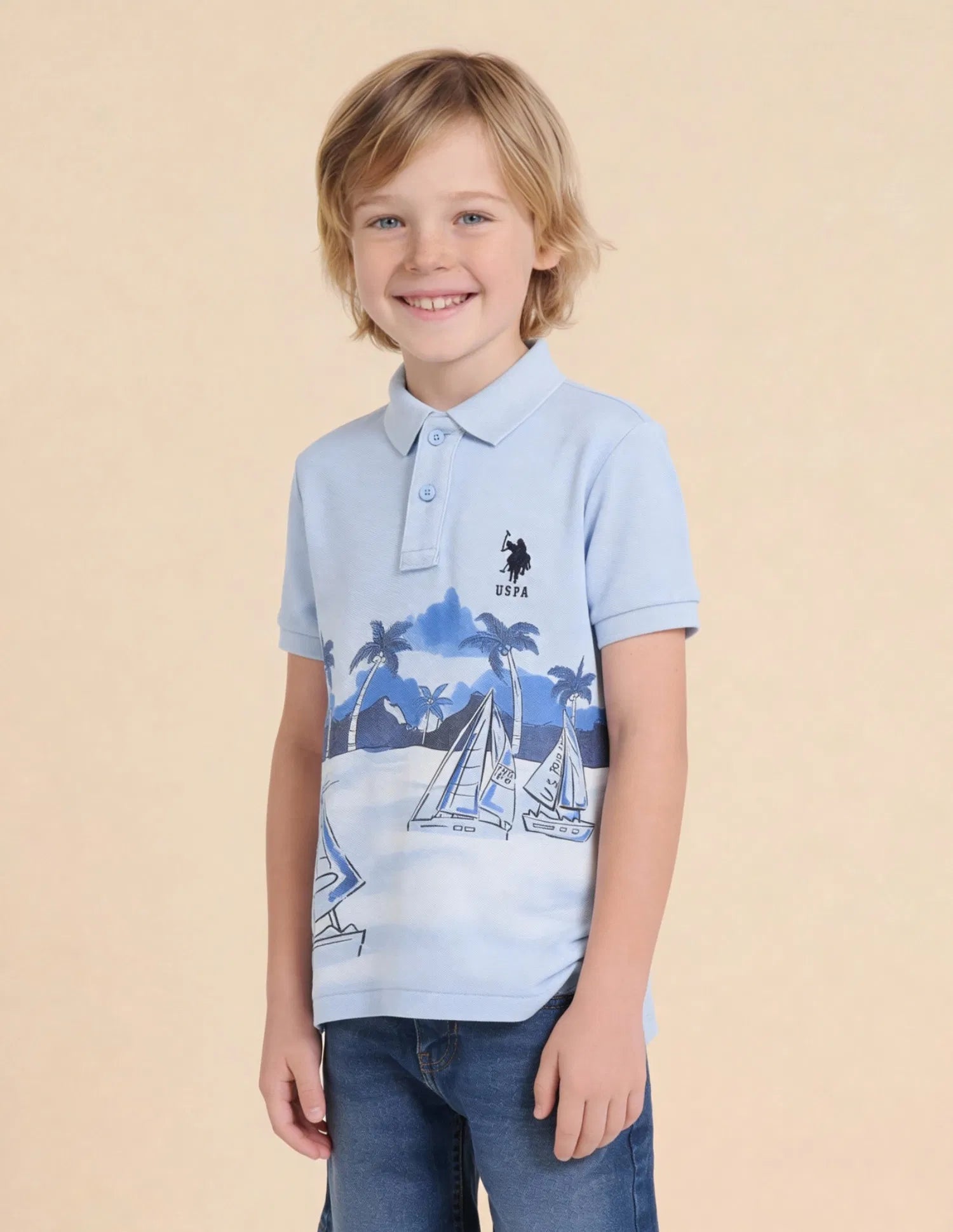 Boys Light Blue Cotton Graphic Print Regular Fit Polo Shirt