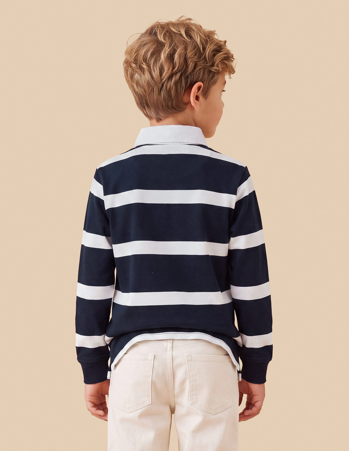 Boys Navy Cotton Horizontal Striped Regular Fit Polo Shirt
