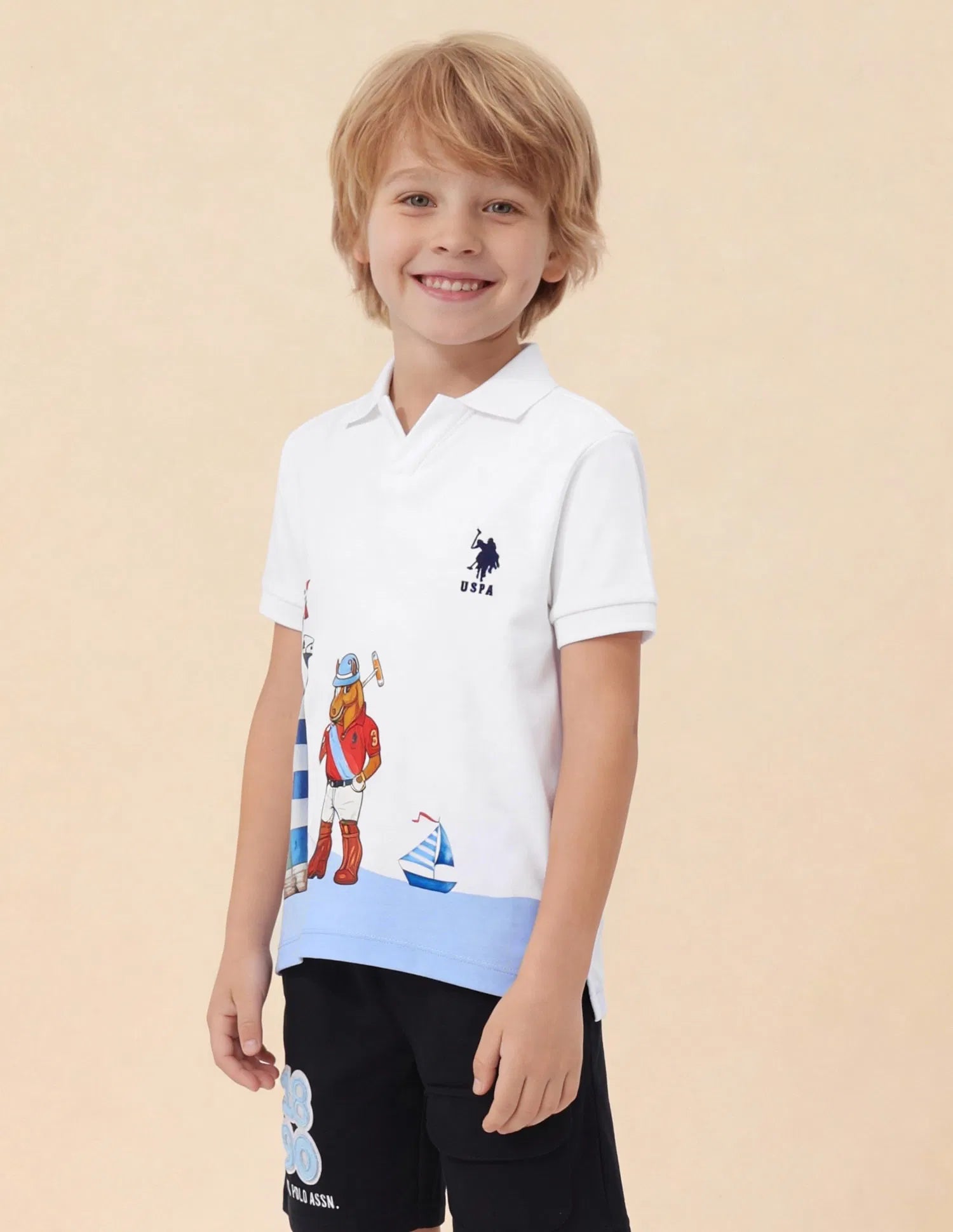 Boys White Cotton Graphic Print Regular Fit Polo Shirt