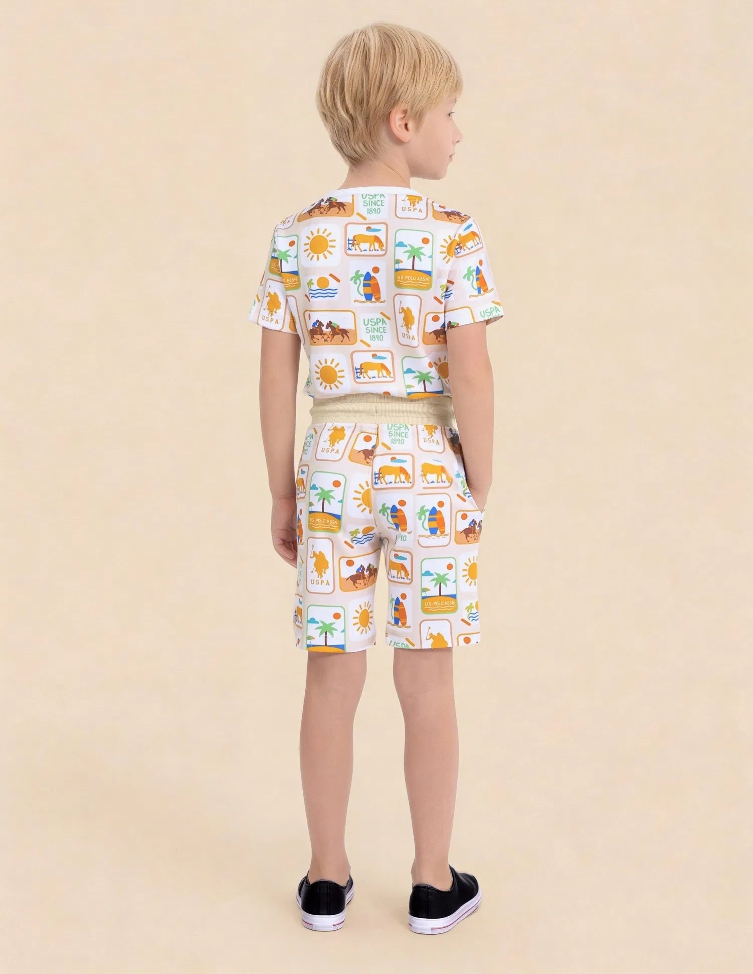 Boys Beige Graphic Printed Cotton Shorts Regular Fit
