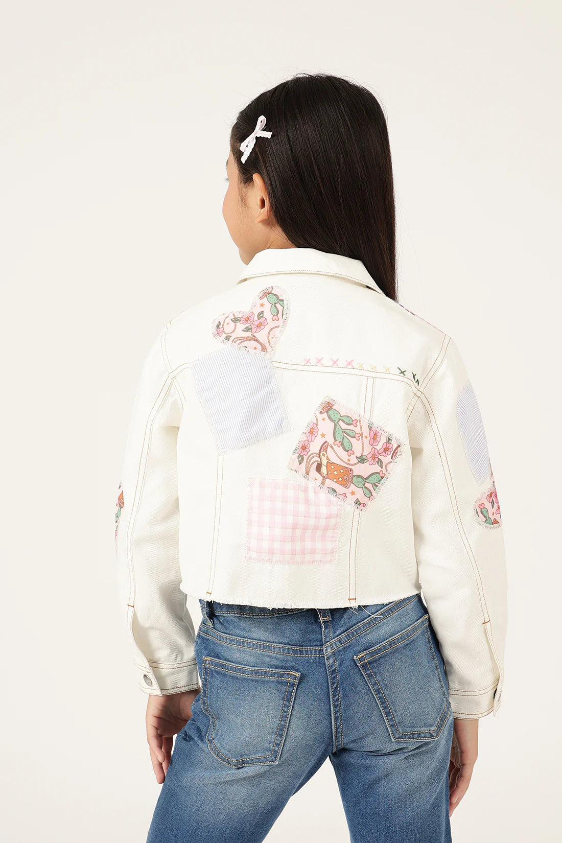 Girls Off White Abstract Cotton Drill Jacket