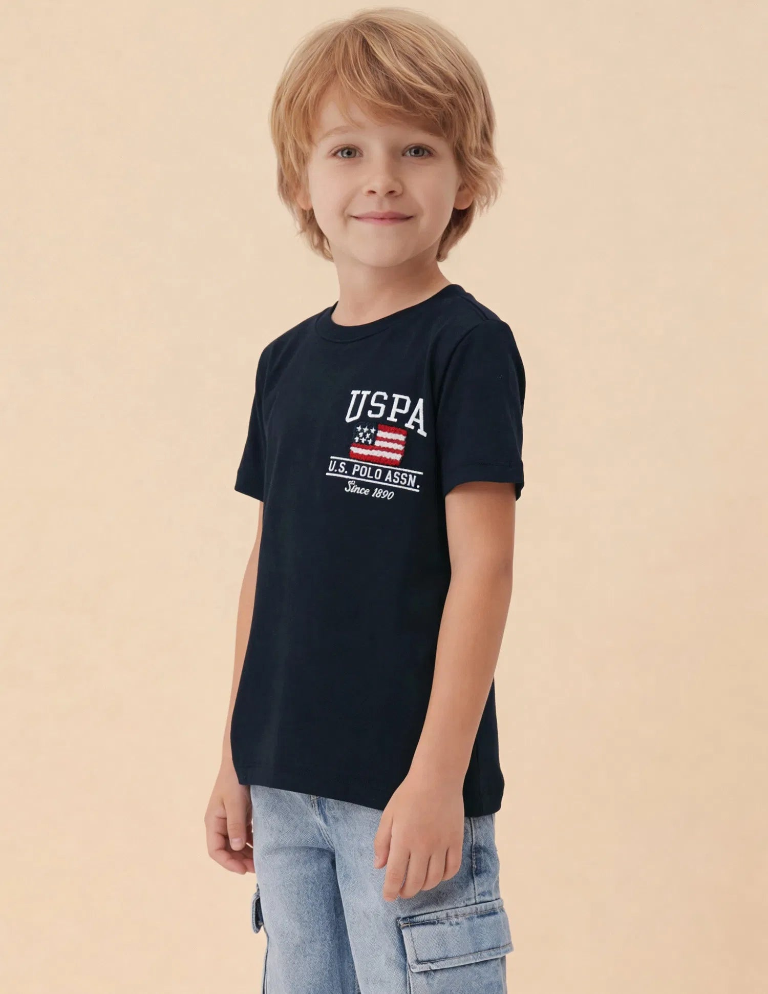 Boys Navy Cotton Brand Logo Regular Fit T-Shirt
