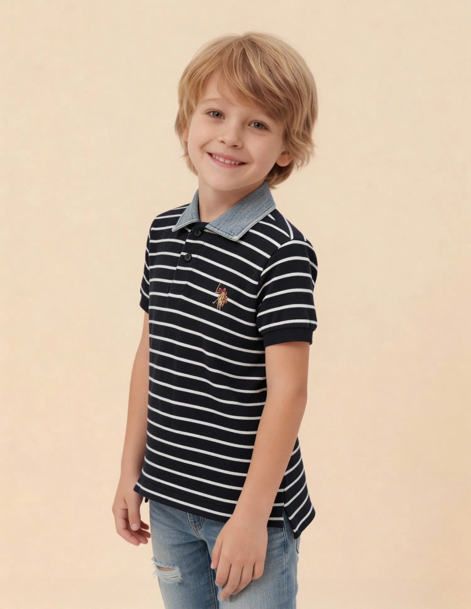 Boys Navy Cotton Striped Regular Fit Polo Shirt