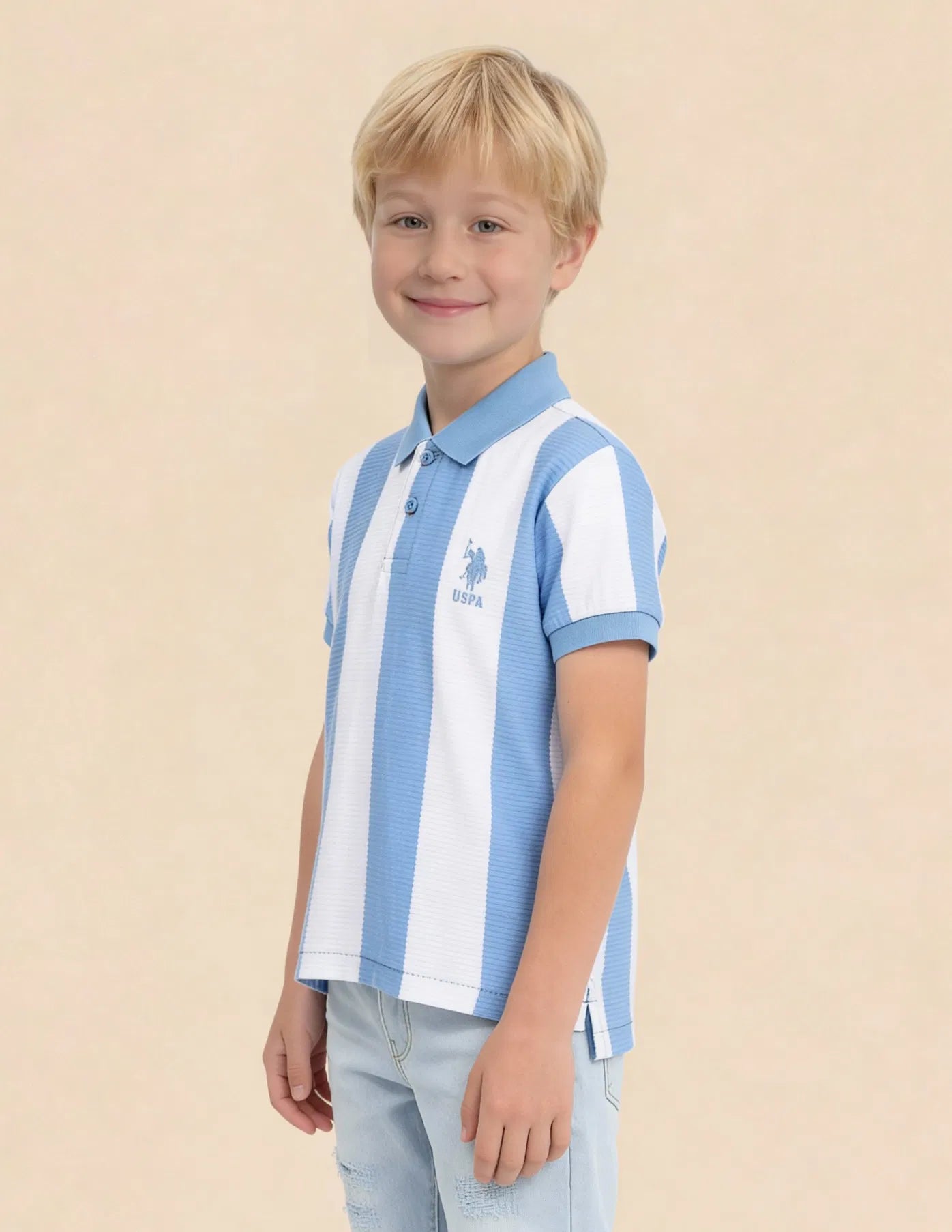 Boys Blue Cotton Vertical Striped Regular Fit Polo Shirt
