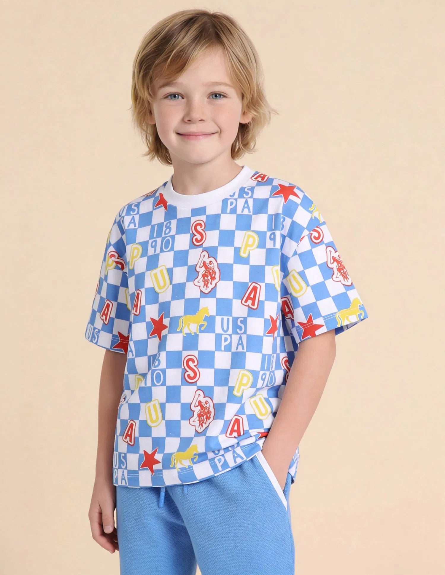 Boys Light Blue Checked Cotton T-Shirt – Oversized Fit