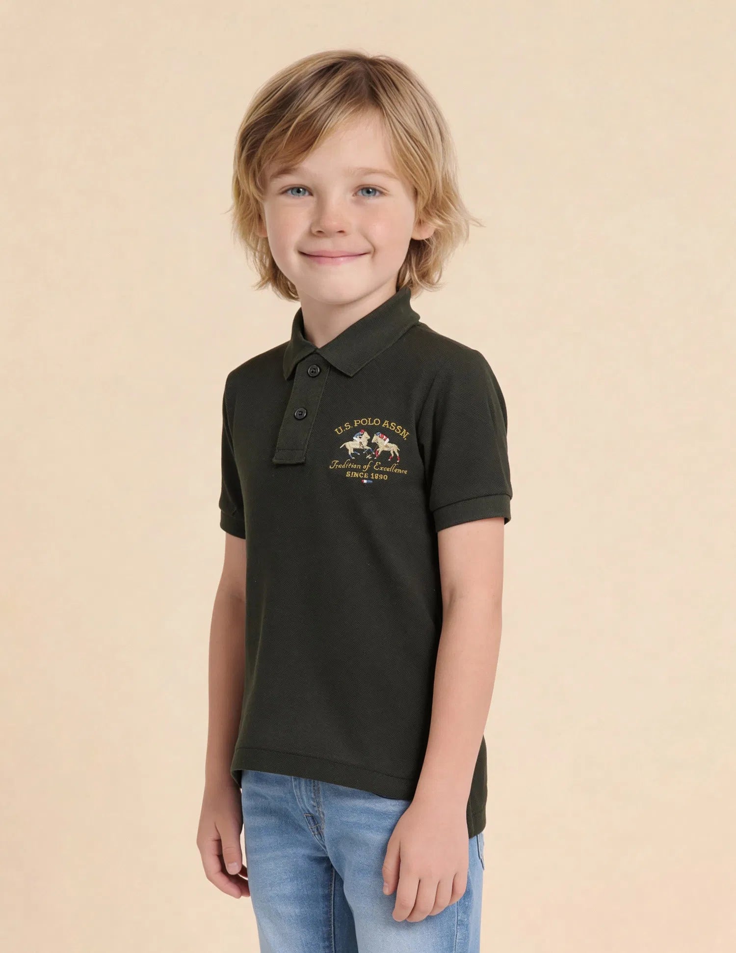 Boys Olive Cotton Embroidered Polo Shirt Regular Fit