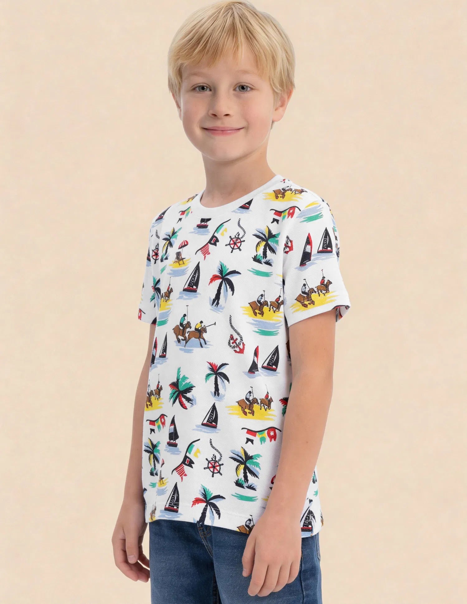 Boys White Cotton All Over Graphic Regular Fit T-Shirt