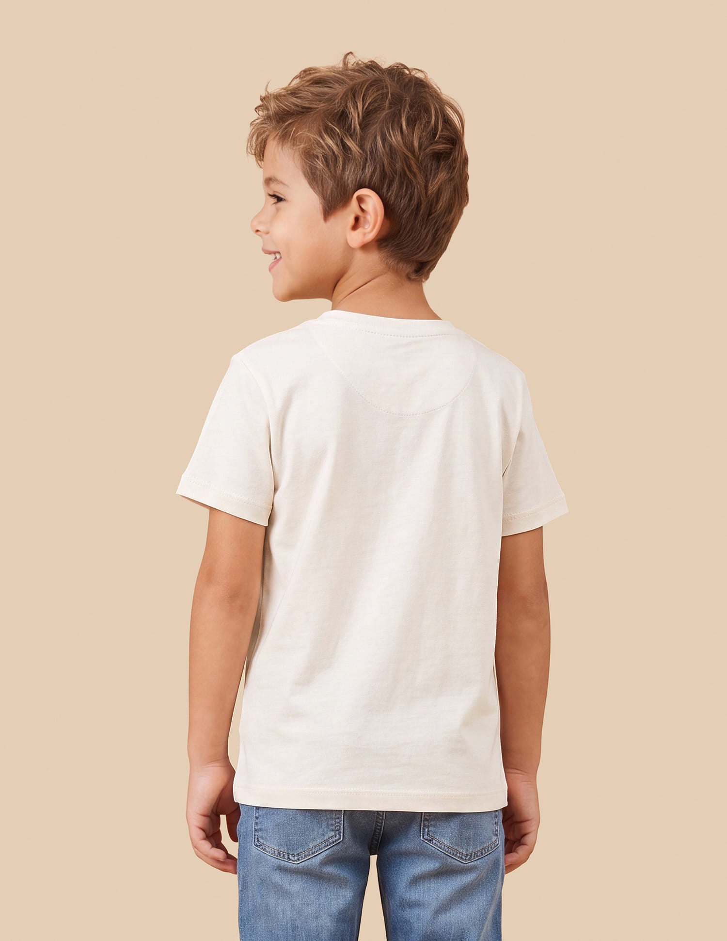 Boys Off White Cotton Logo Print Regular Fit T-Shirt