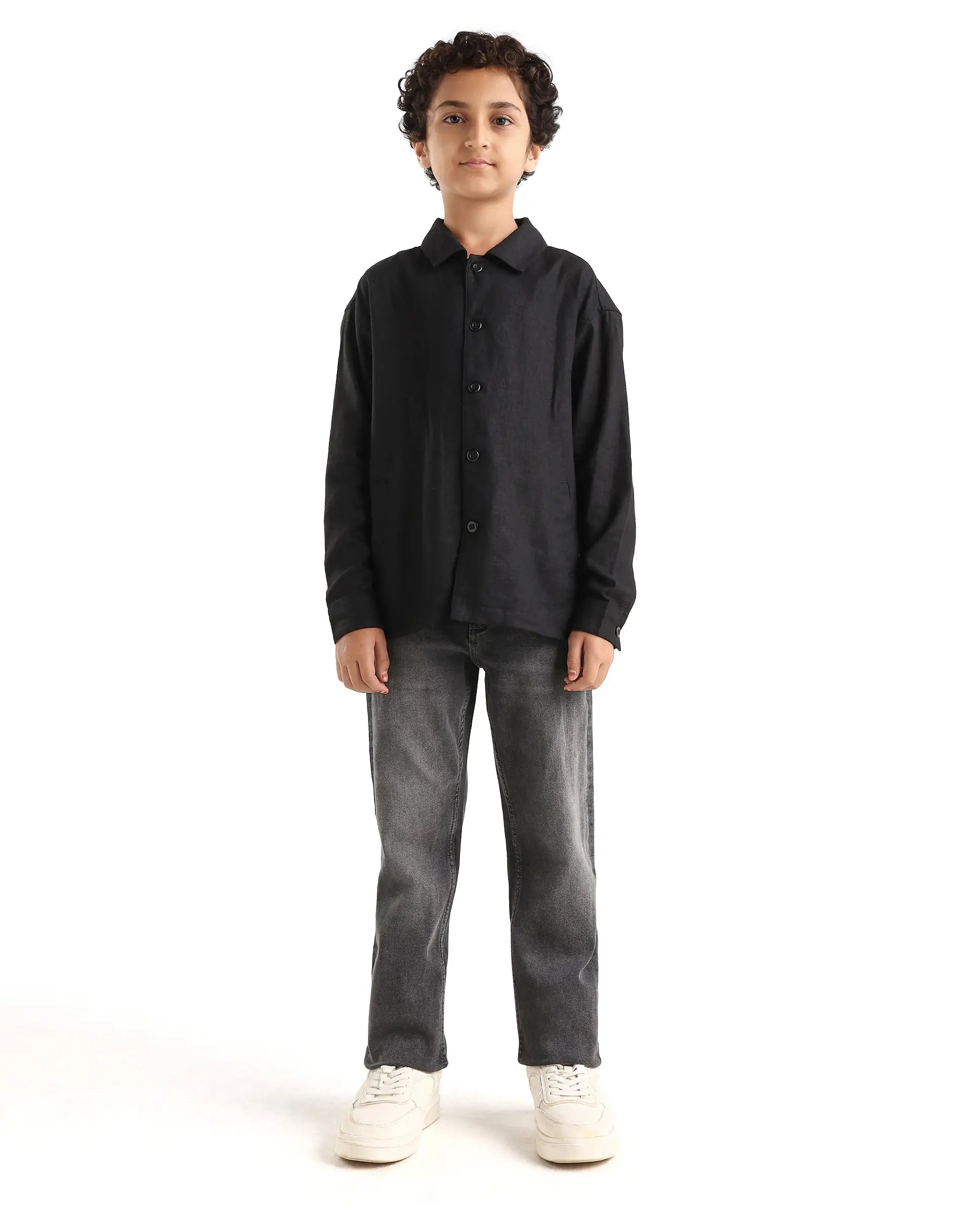 Boys Grey Regular Fit Button-Zip Jeans