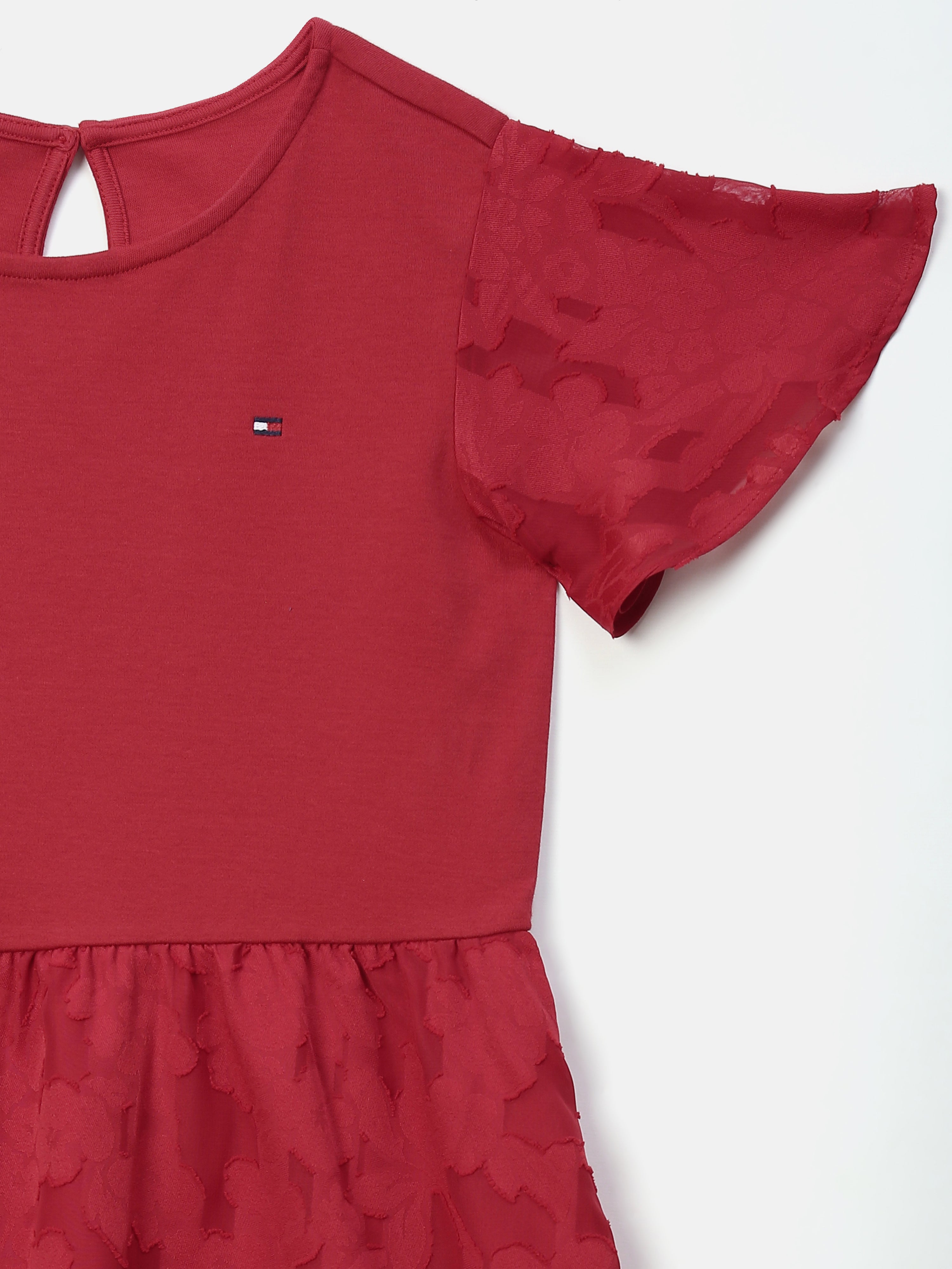 Girls Red Printed BCI Cotton Flutter Sleeve Dress