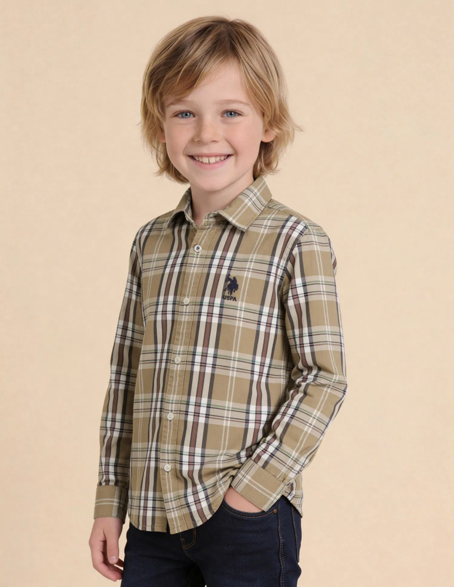 Boys Plaid Checked Cotton Twill Shirt – Regular Fit