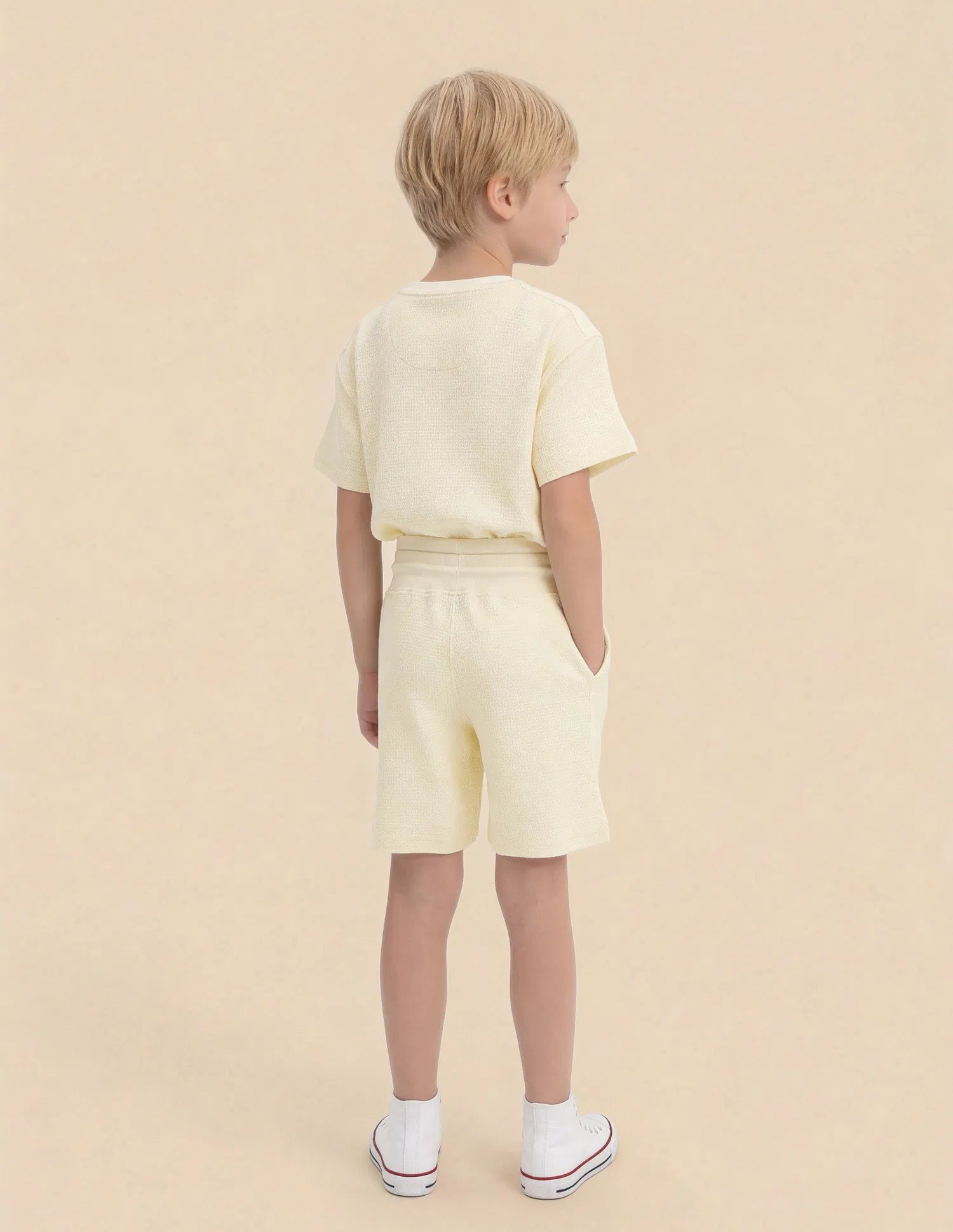 Boys Off White Textured Cotton Blend Shorts Regular Fit