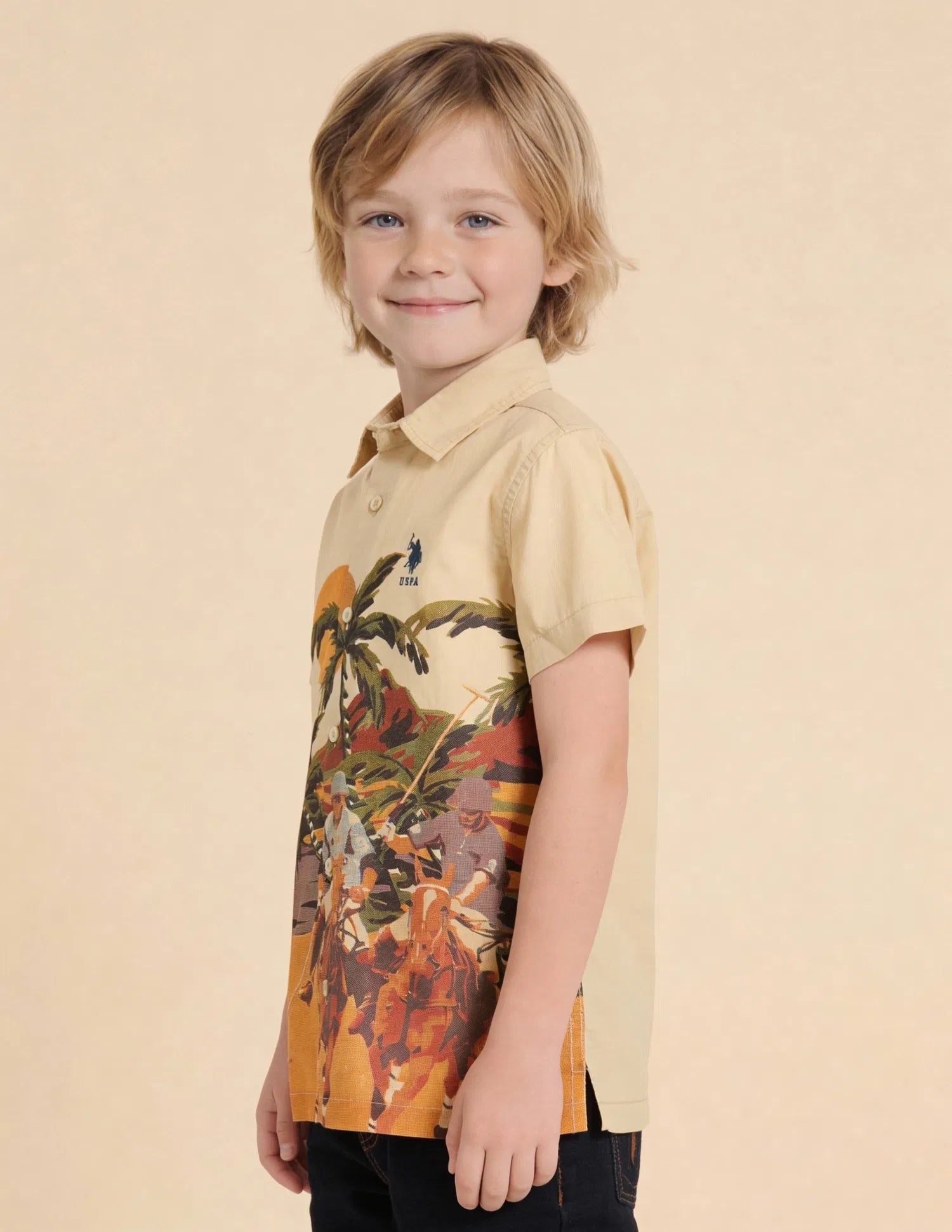 Boys Beige Graphic Printed Cotton Shirt – Regular Fit