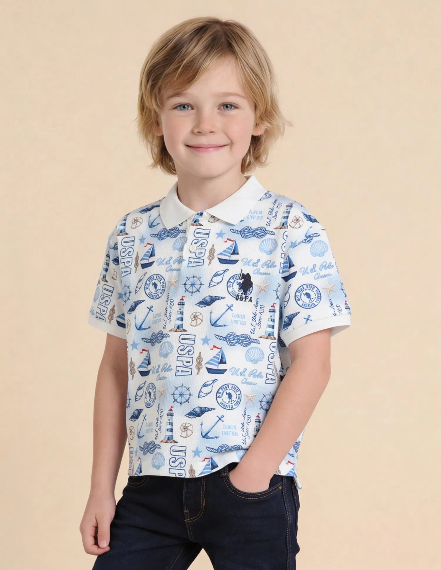 Boys Off White Polyester Blend Graphic Print Regular Fit Polo Shirt