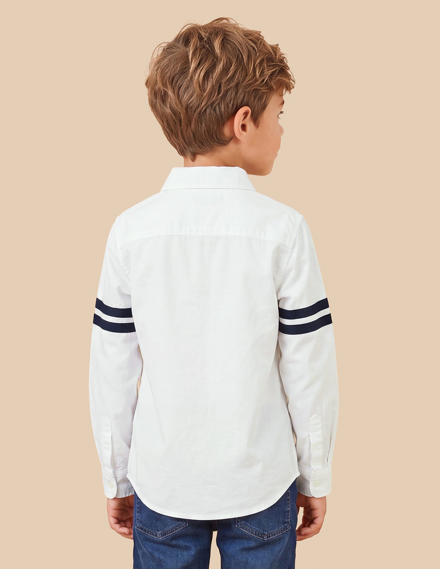 Boys White Cotton Regular Fit Shirt with Stripe Detail