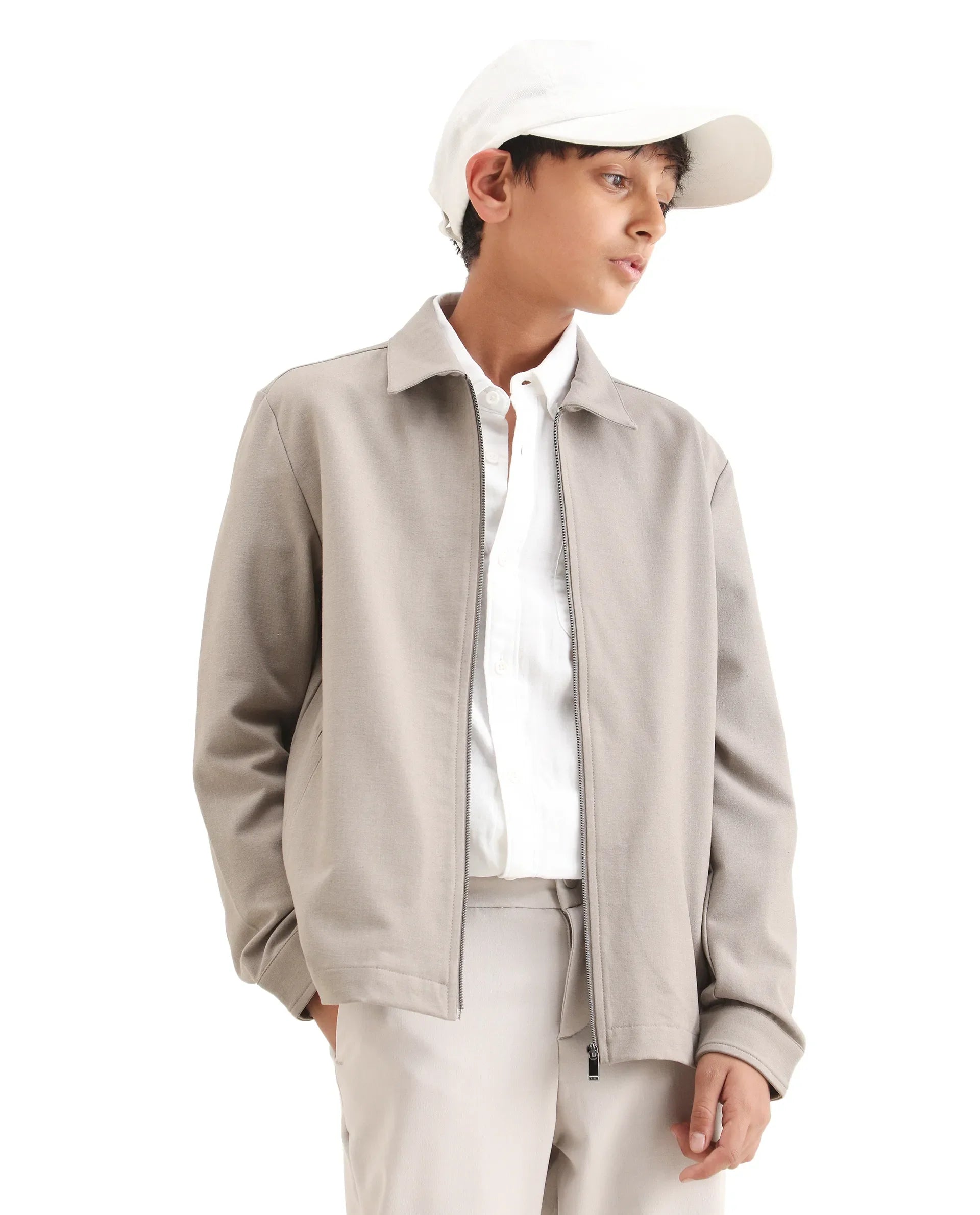 Boys Beige Polyester Blend Zipper Shacket