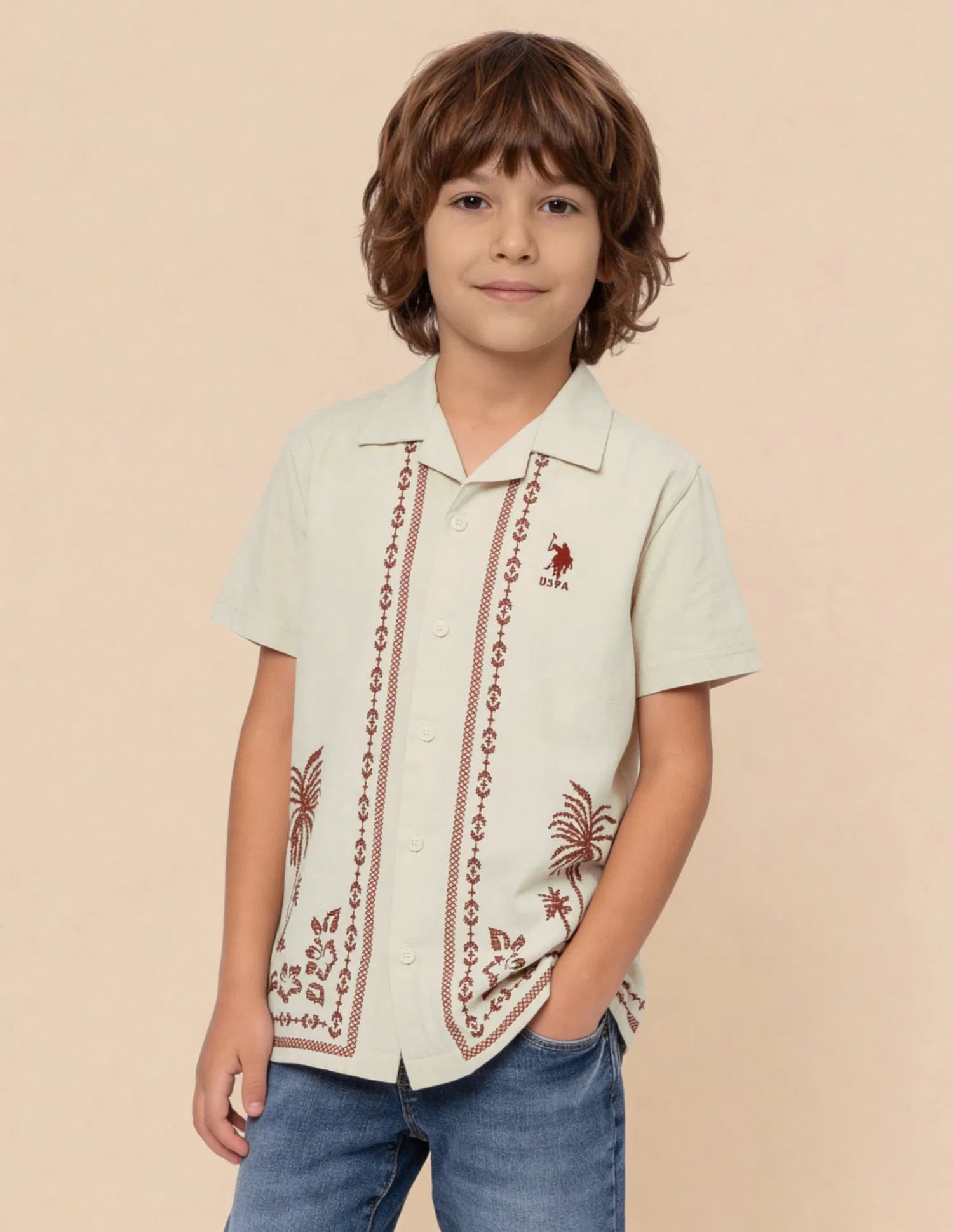 Boys Tropical Printed Cotton Blend Shirt – Regular Fit