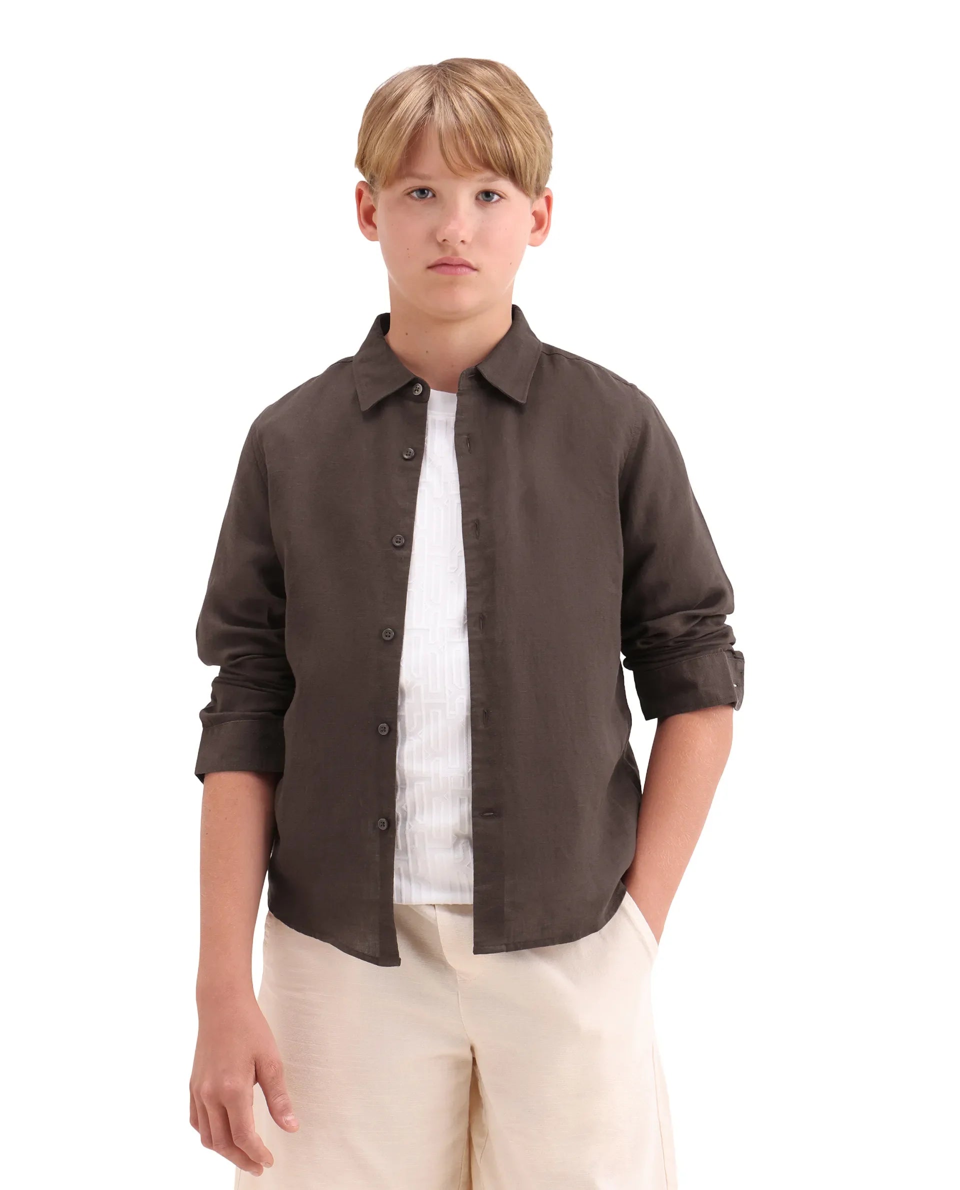 Boys Dark Brown Linen Blend Regular Fit Shirt