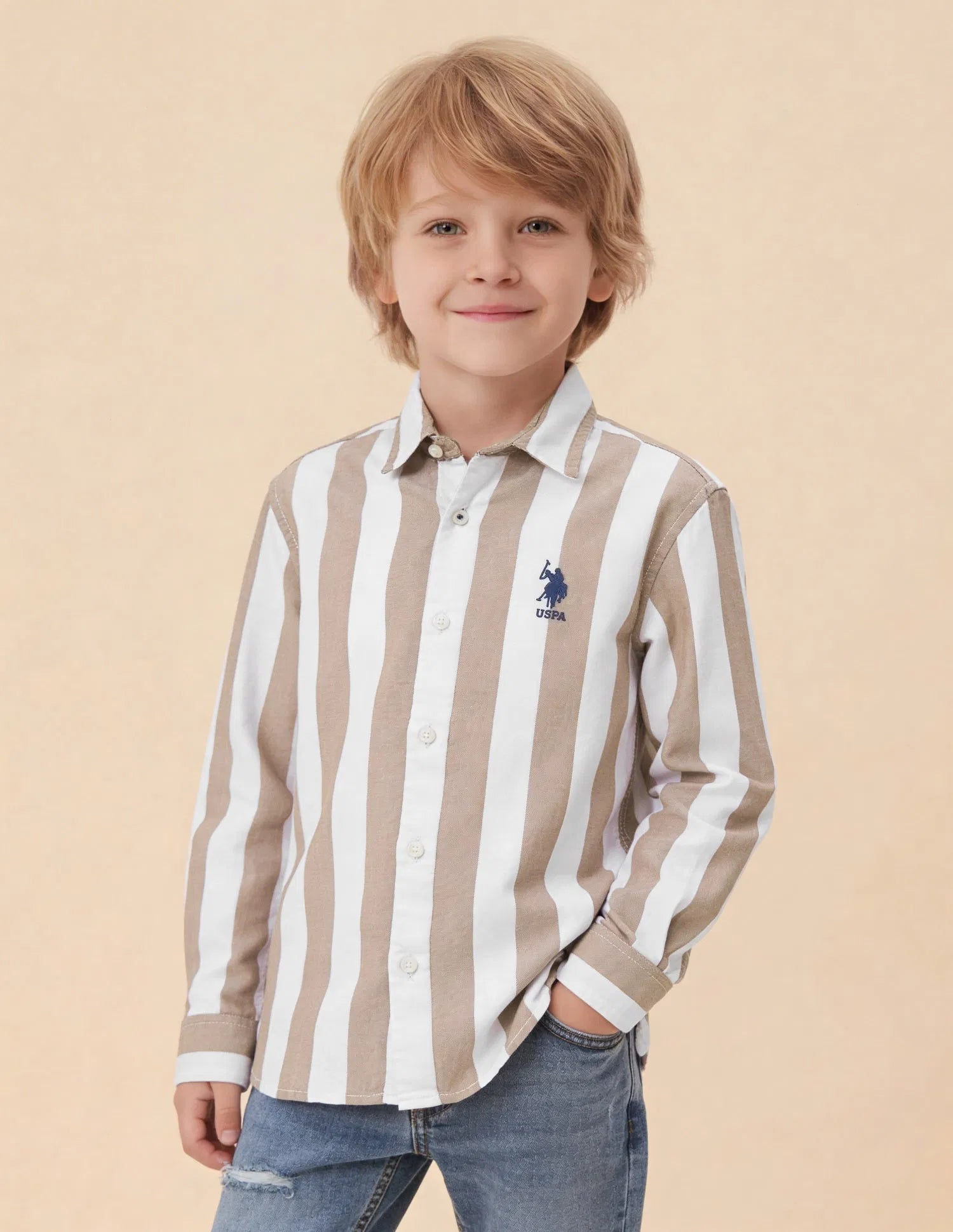 Boys Brown Vertical Striped Cotton Twill Shirt – Regular Fit