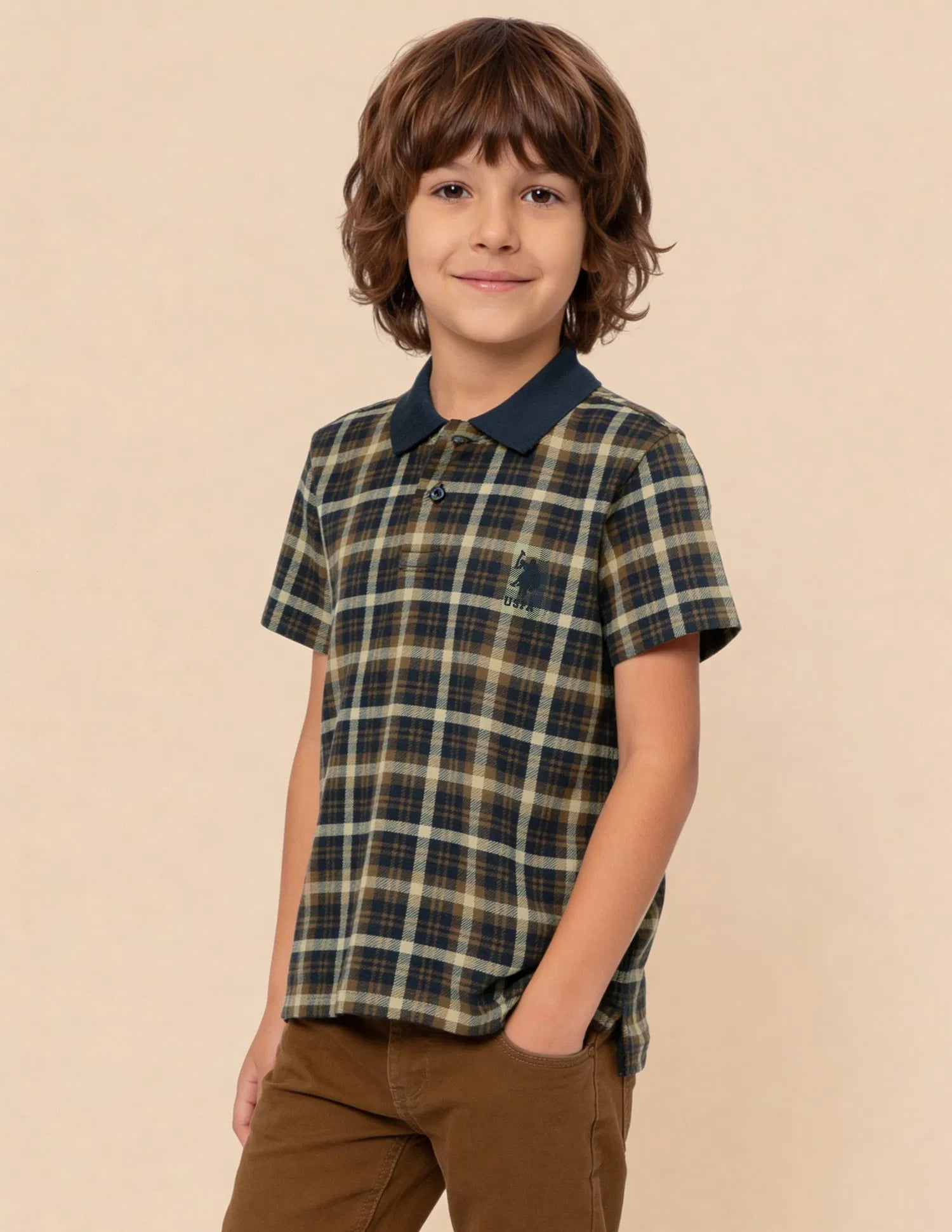Boys Navy Cotton Checked Regular Fit Polo Shirt