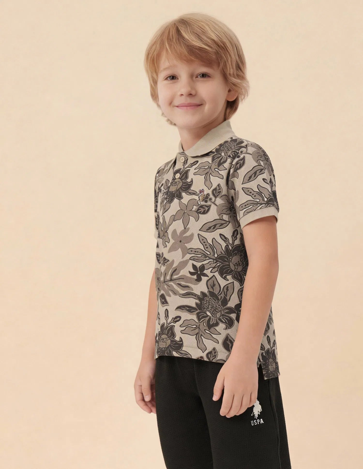 Boys Light Brown Cotton Floral Print Regular Fit Polo Shirt
