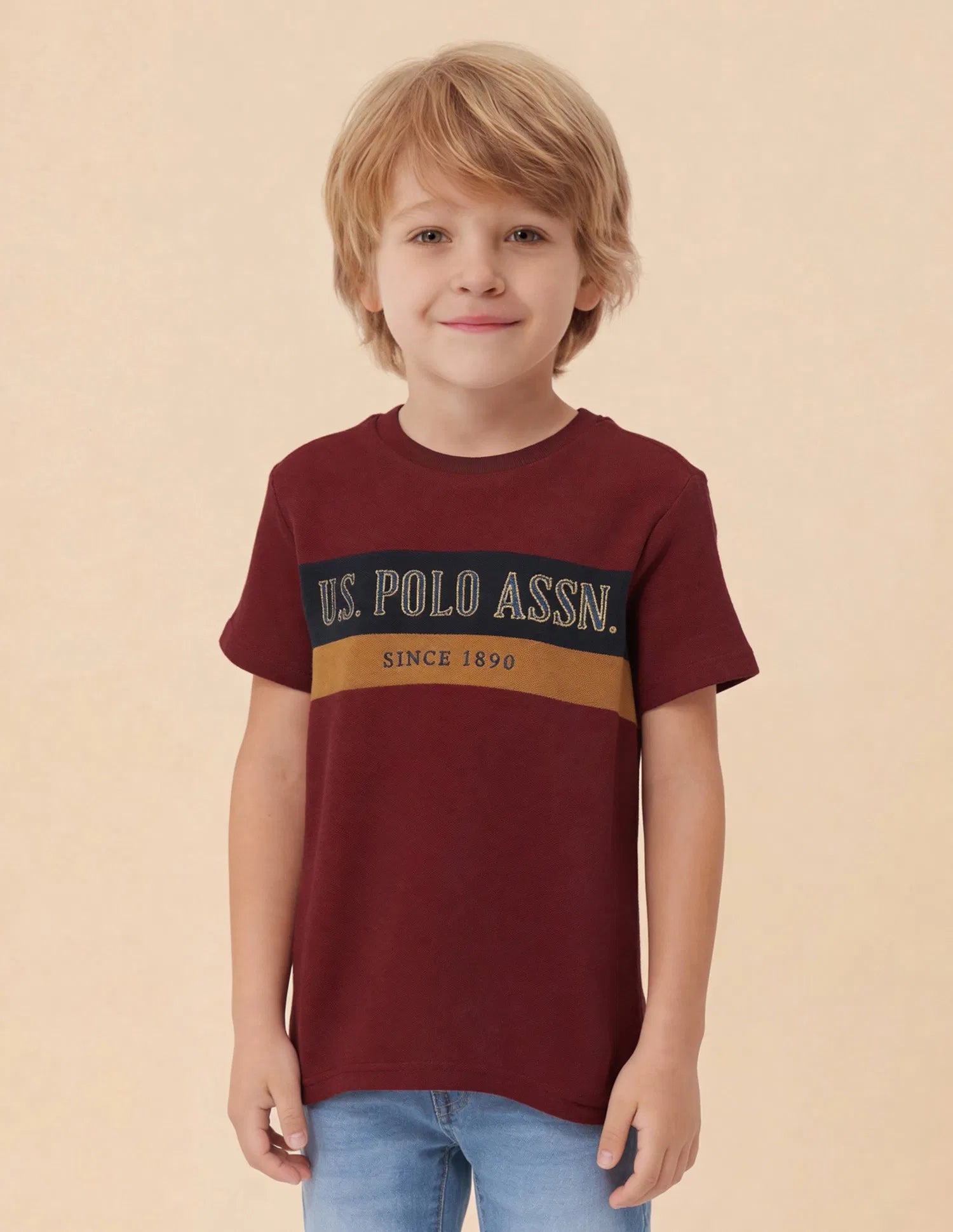 Boys Dark Red Cotton Colour Block Logo T-Shirt