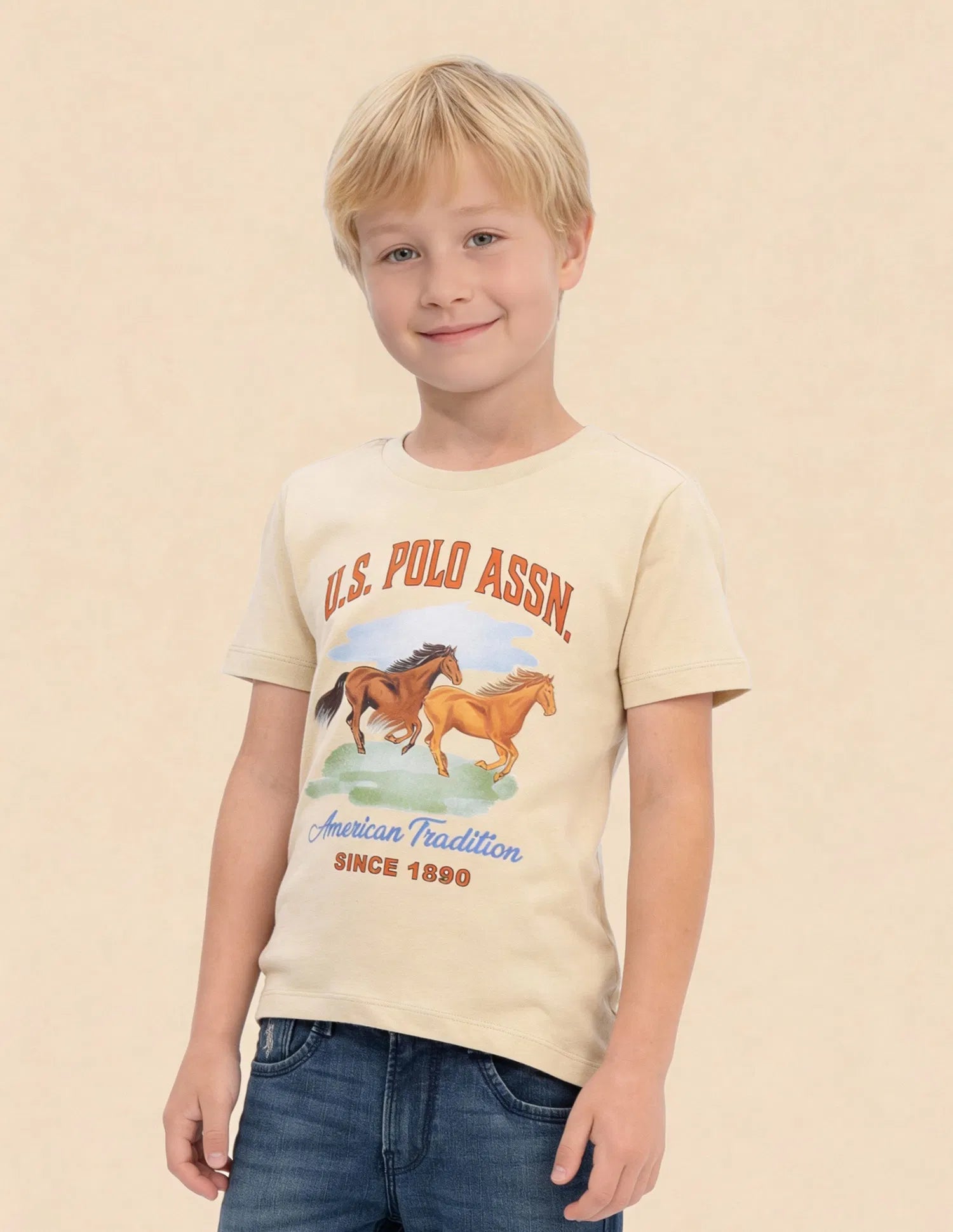 Boys Beige Cotton Graphic Print Regular Fit T-Shirt
