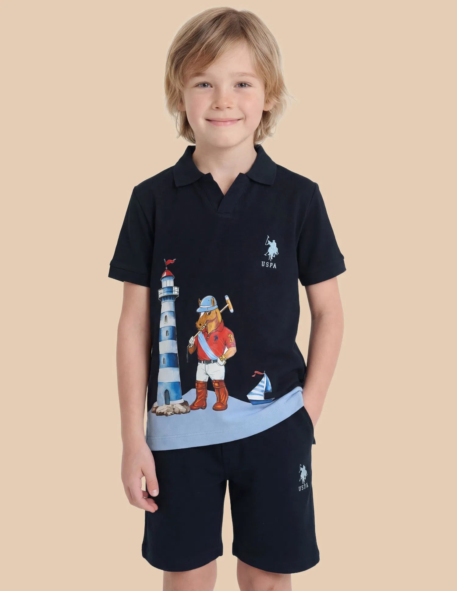 Boys Navy Cotton Graphic Print Regular Fit Polo Shirt