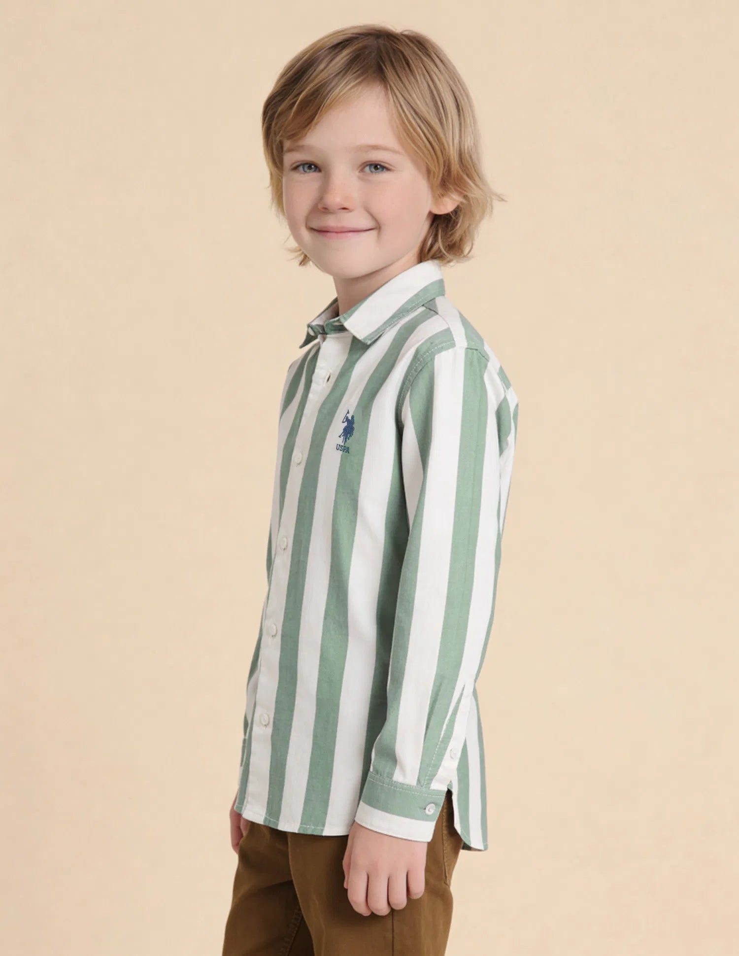 Boys Green Vertical Striped Cotton Twill Shirt – Regular Fit