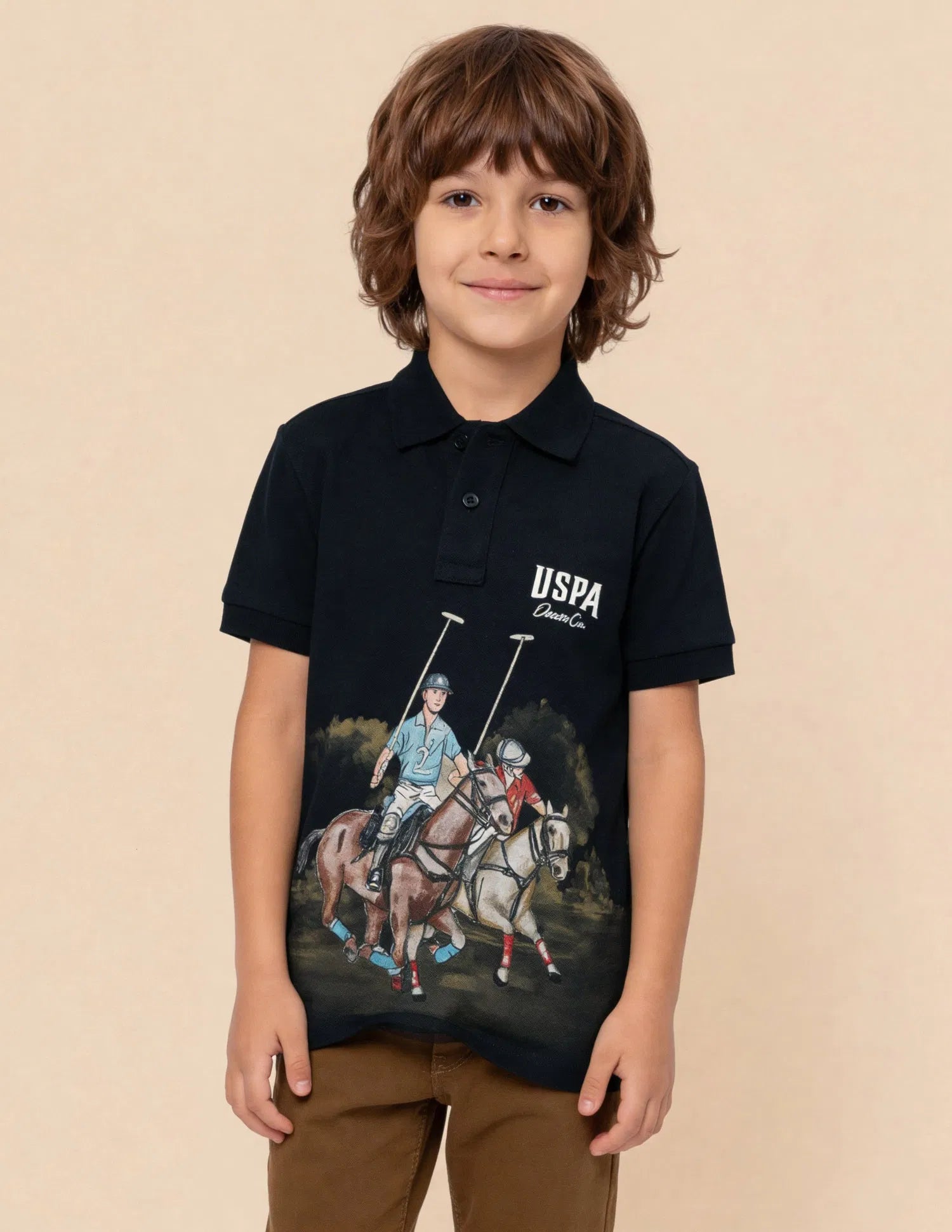 Boys Navy Cotton Graphic Print Regular Fit Polo Shirt