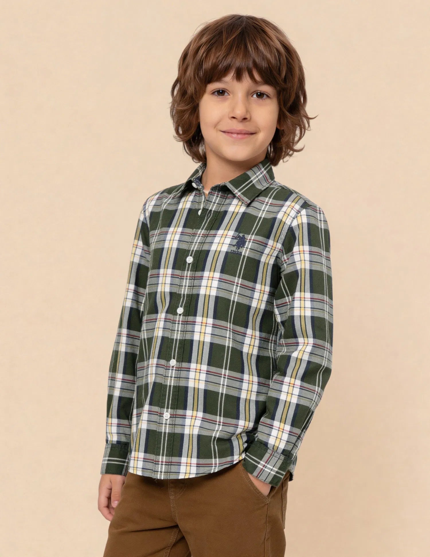 Boys Olive Plaid Checked Cotton Twill Shirt – Regular Fit