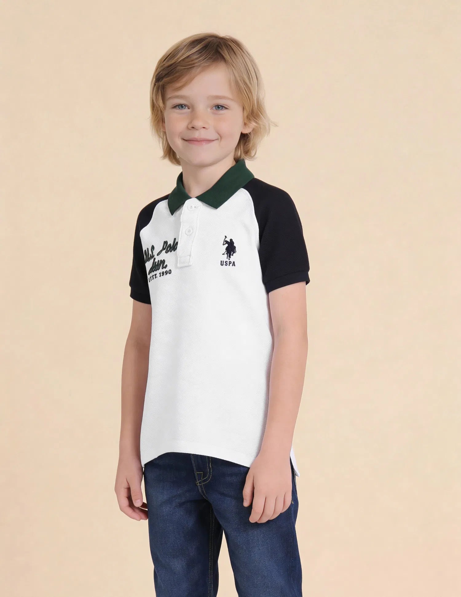 Boys White Colour Block Cotton Polo Shirt