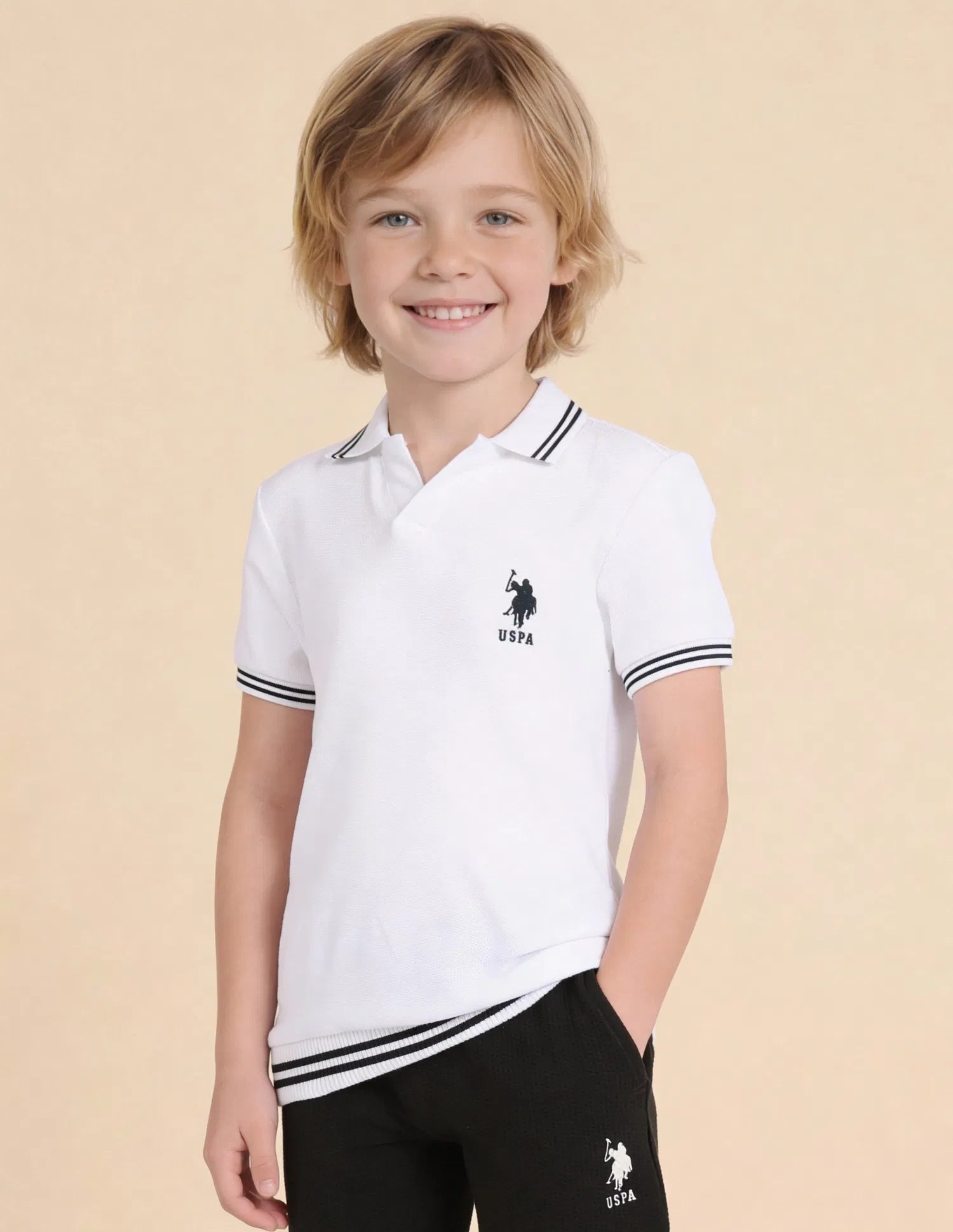 Boys White Cotton Logo Print Regular Fit Polo Shirt