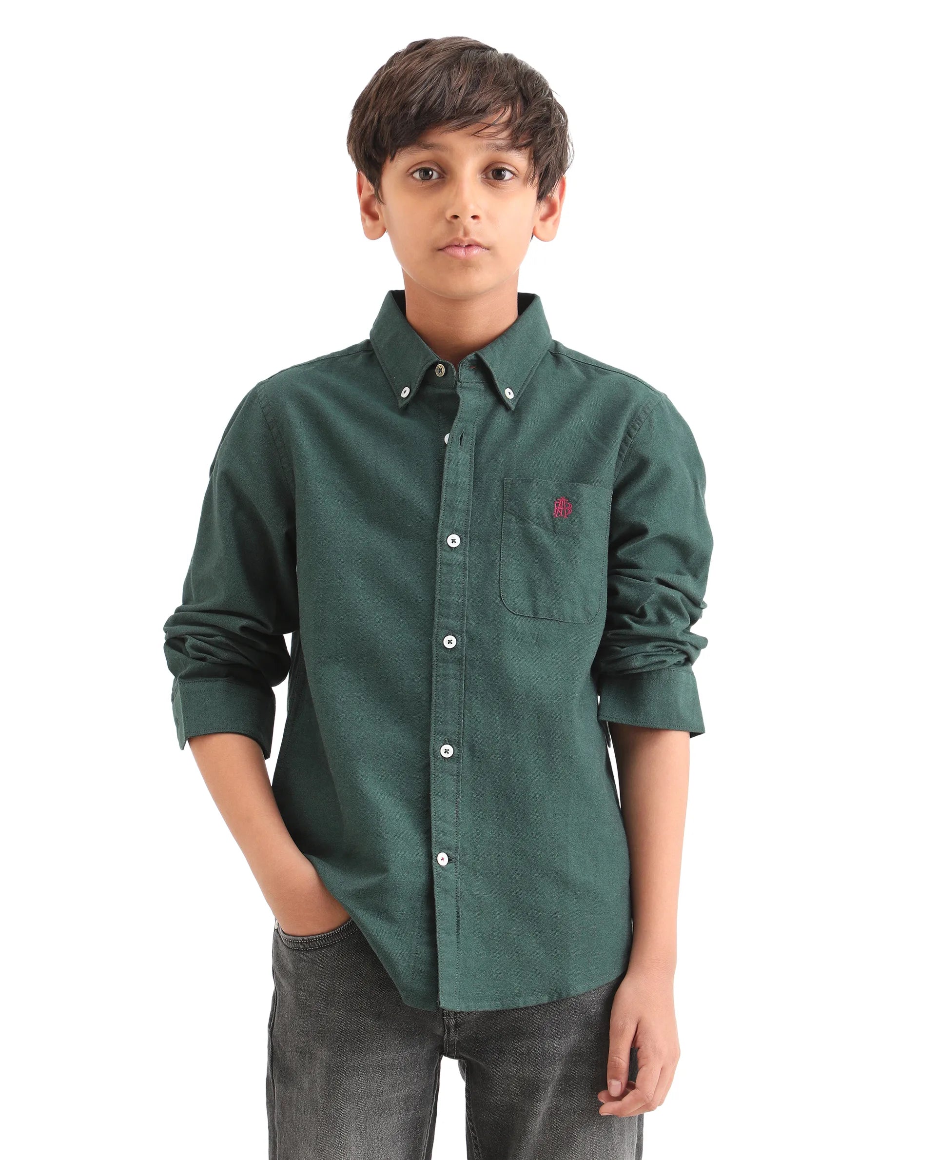 Boys Dark Green Cotton Regular Fit Shirt