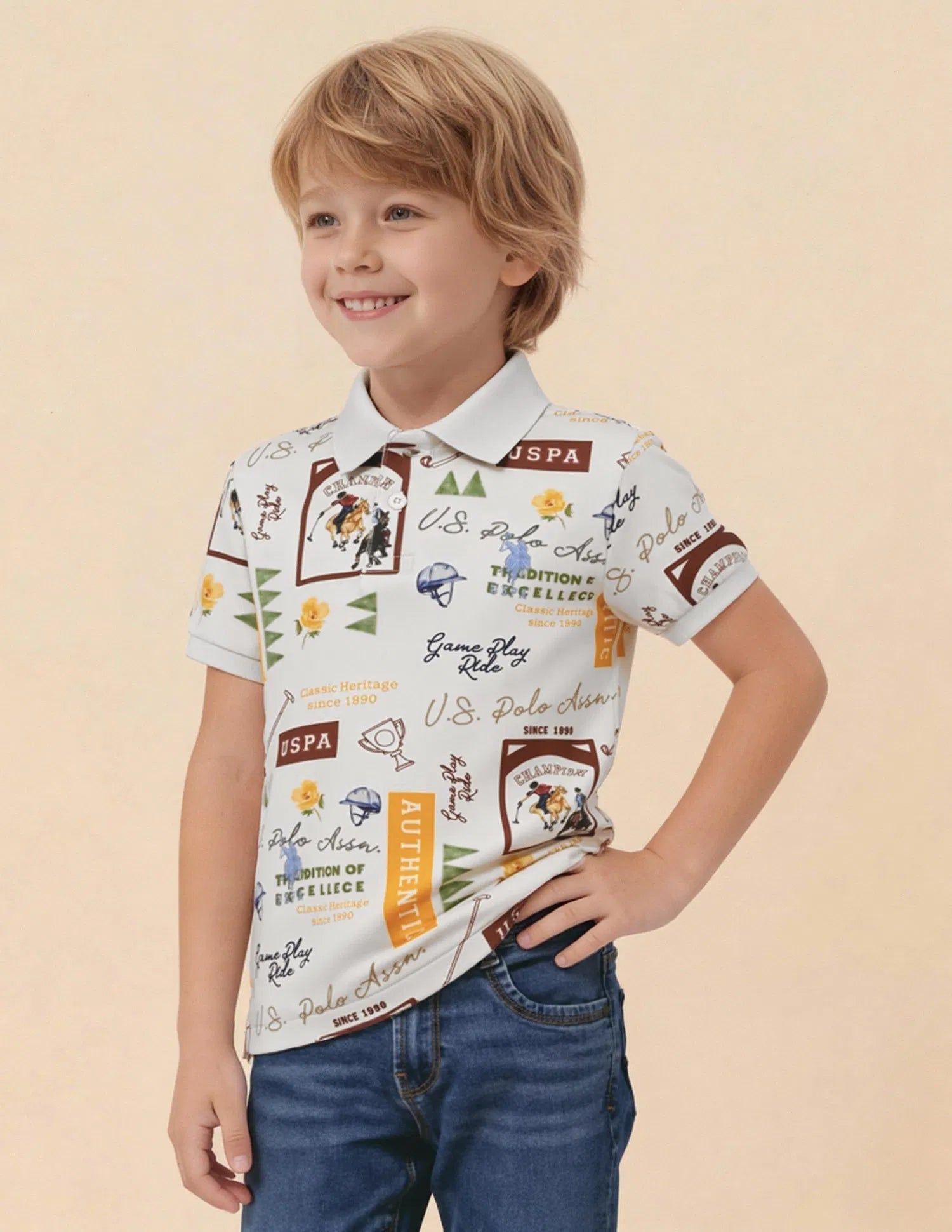 Boys Off White Cotton Graphic Print Regular Fit Polo Shirt