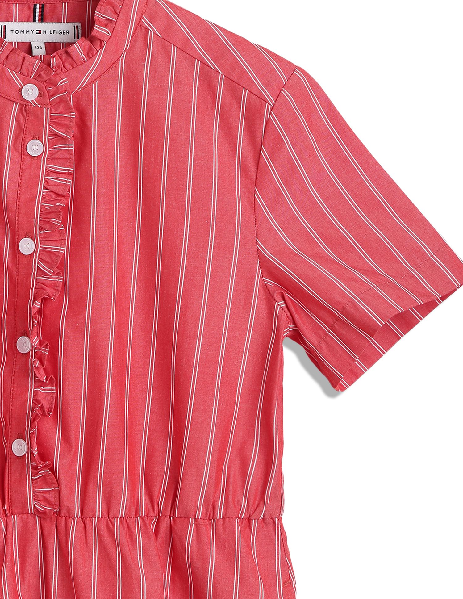 Girls Red Striped Cotton Casual Knee-Length Dress